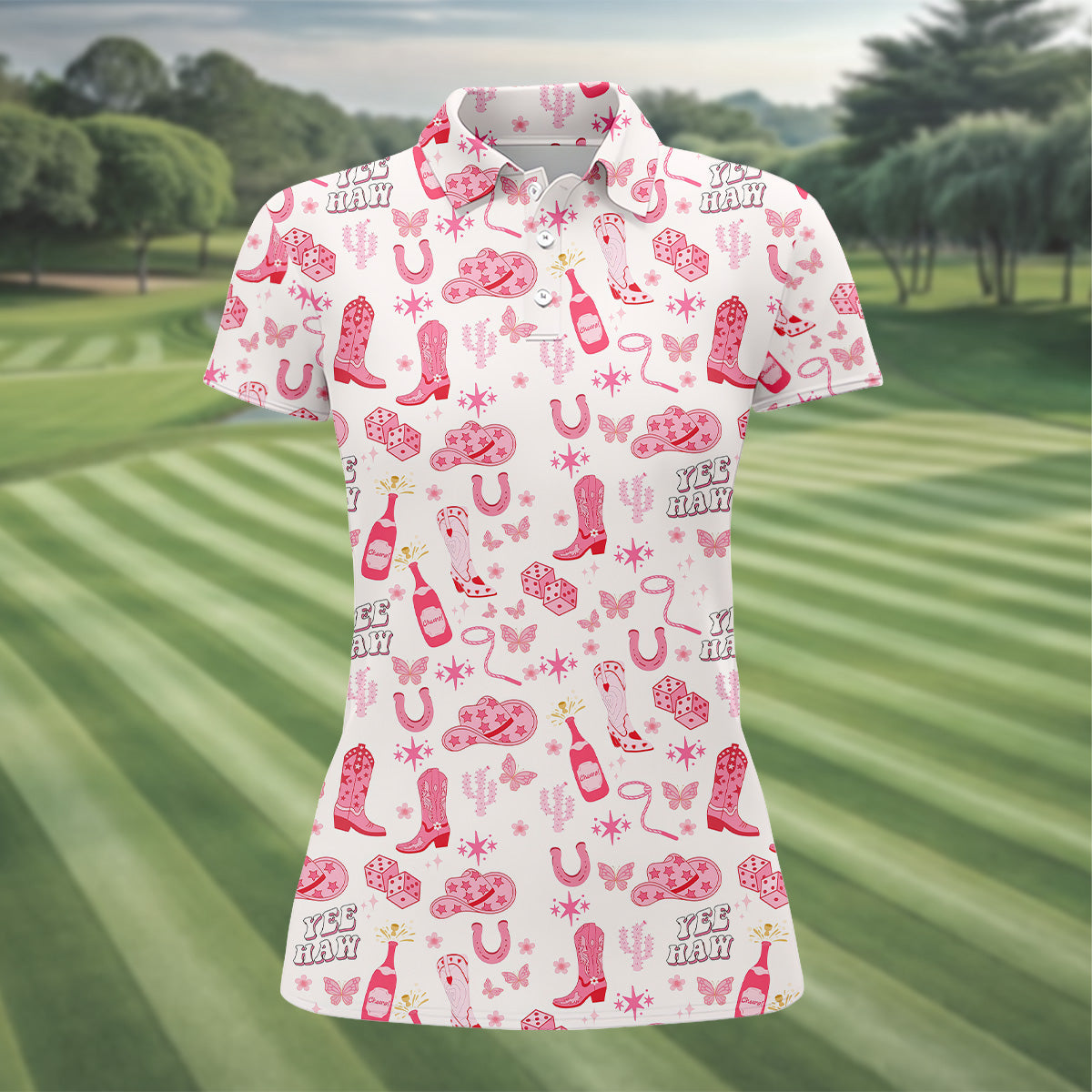 Yee Haw Cowgirl Pink Golf Polo, Western Golf Shirt, Womens Sleeveless Polo, Ladies Golf Shirts