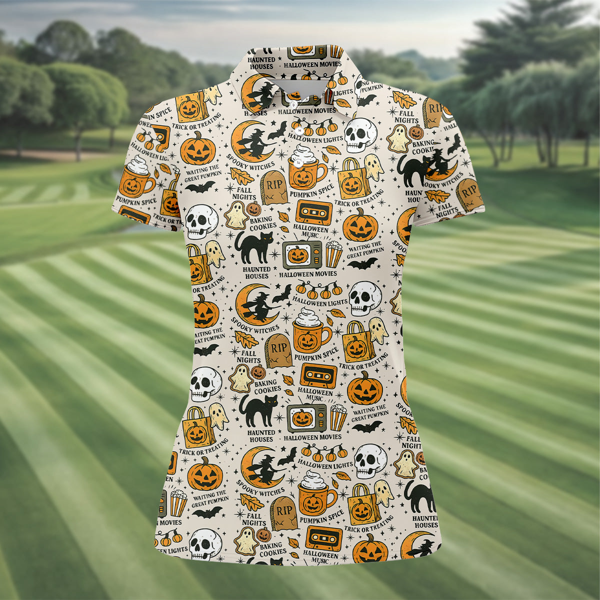 Spooky Witches, Spooky Cat, Cute Halloween T-Shirts, Womens Sleeveless Polo, Ladies Golf Shirts