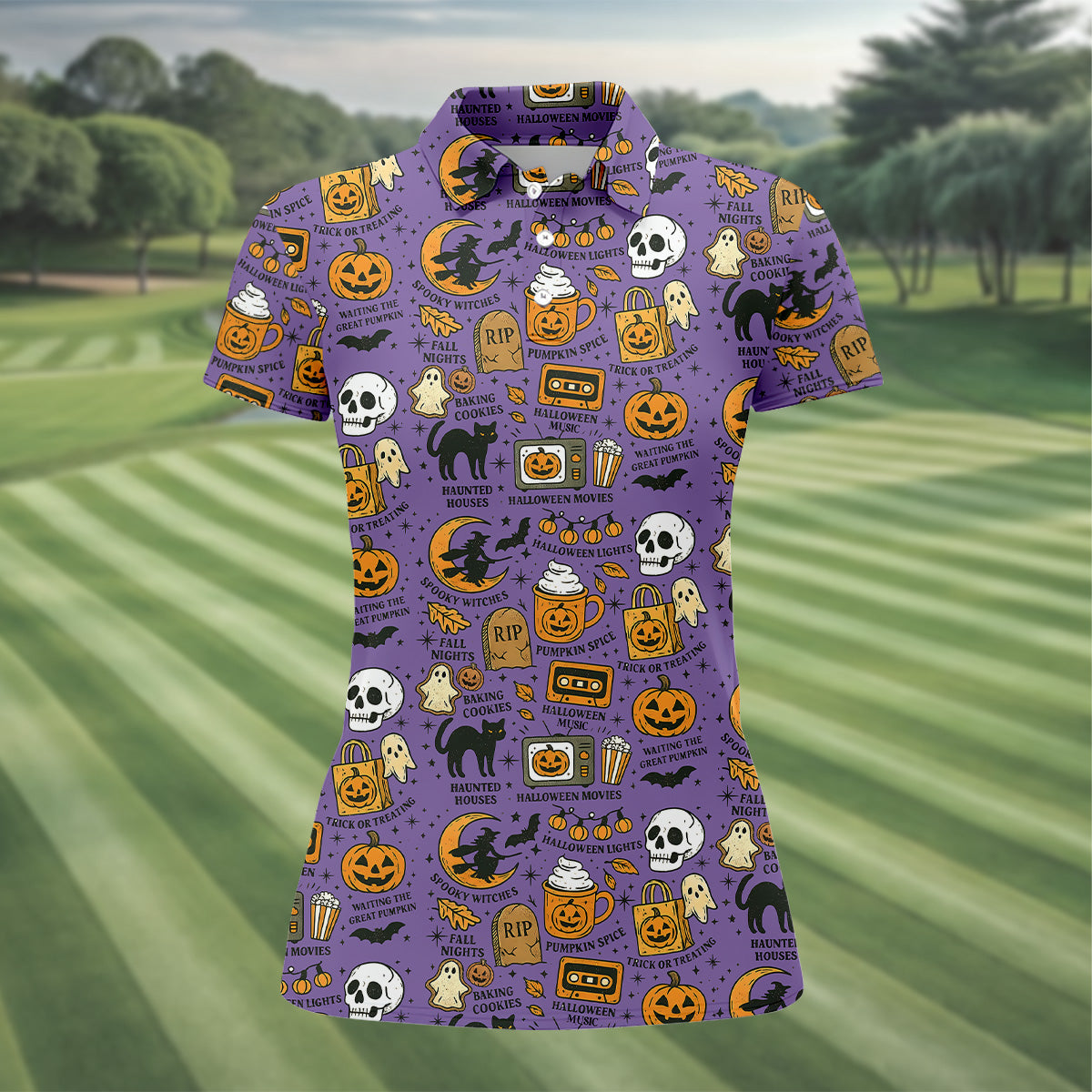 Purple Halloween Skull Golf Shirt, Spooky Cat, Halloween Theme Shirts, Ladies Golf Shirts, Golfing Apparel