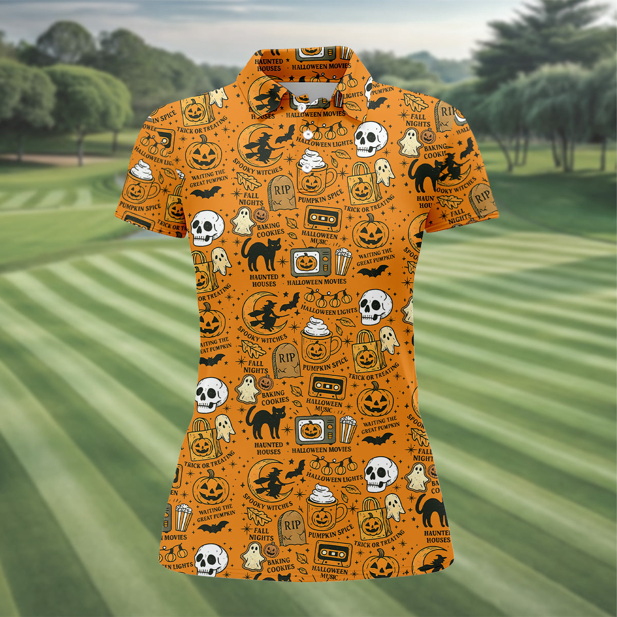 Orange Halloween Cat Golf Polo Shirts, Halloween Theme Shirts, Ladies Golf Shirts, Golfing Apparel