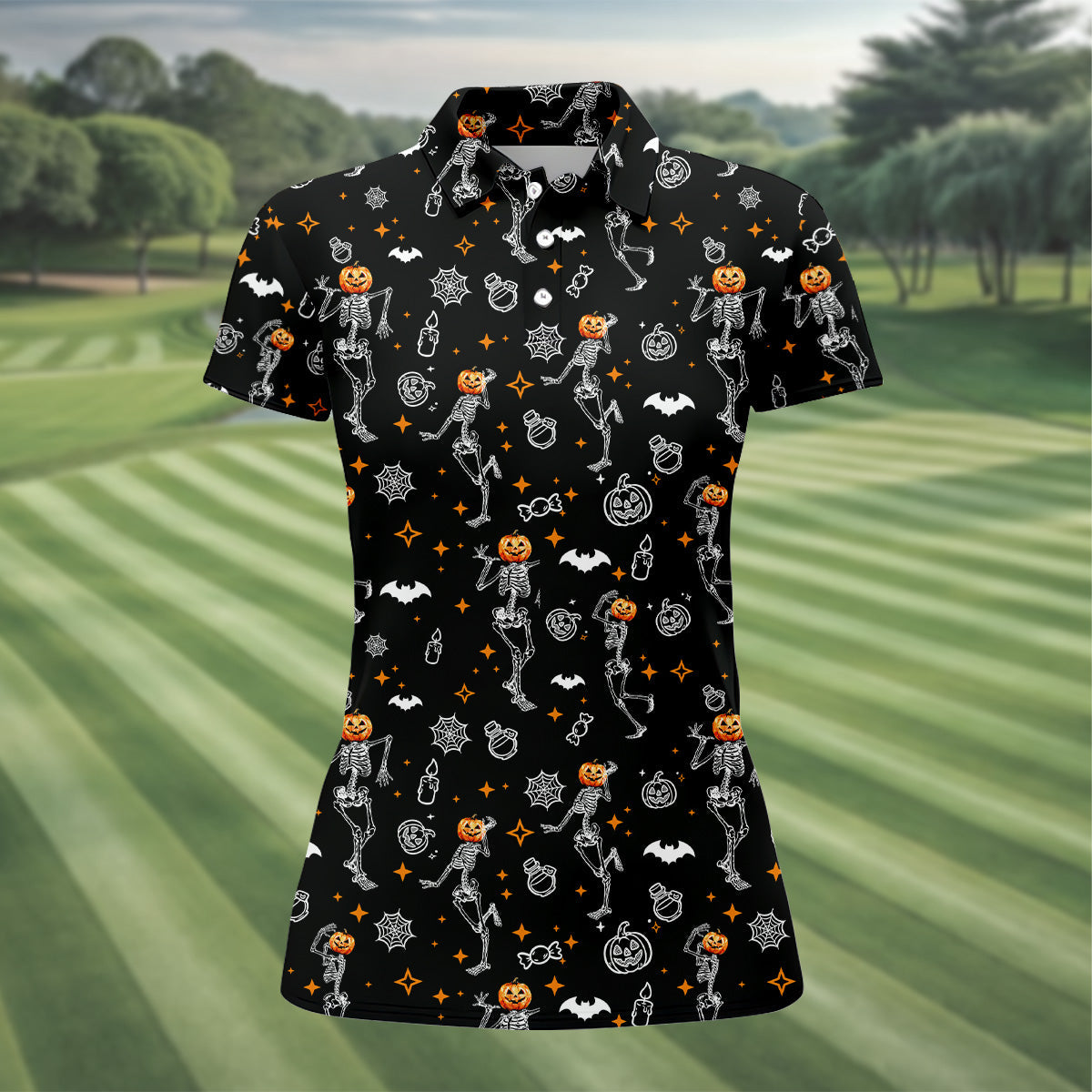 Skeleton Black Golf Shirt, Halloween Golf Shirt, Fun Golf Polos, Sleeveless Womens Golf Shirts, Ladies Golf Shirts
