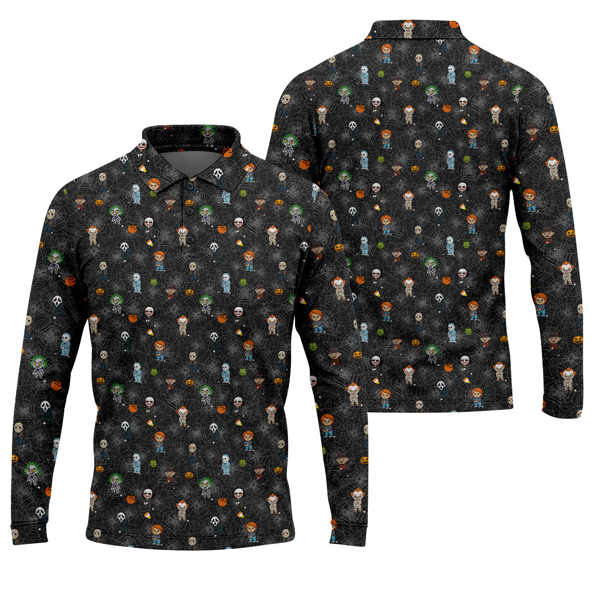 Funny Horror Character Black Golf Polo Shirt, Horror Movie Shirt, Halloween Golf Shirt, Fun Golf Polos For Men