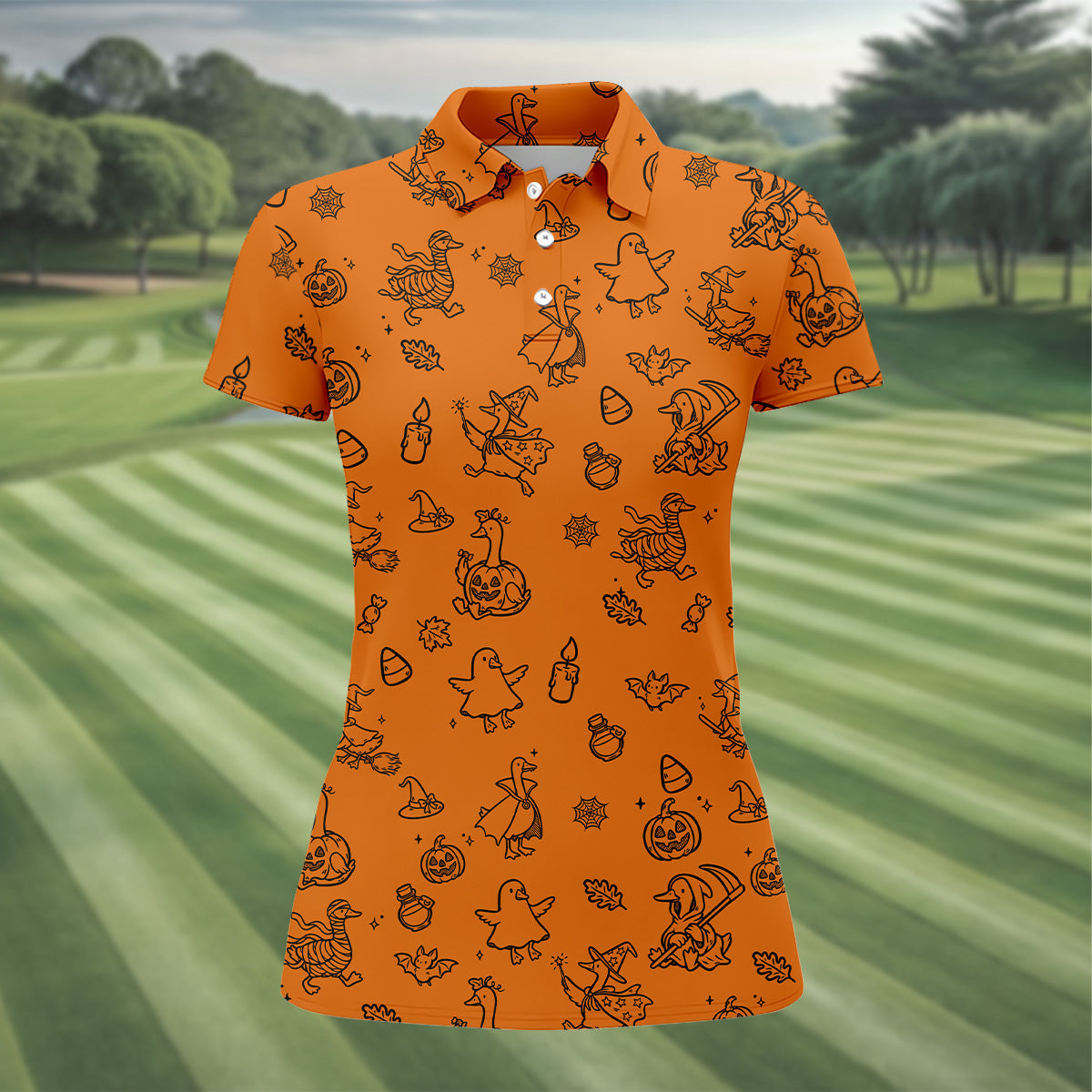 Goose Halloween, Doodle Pattern, Orange Golf Shirt, Sleeveless Womens Golf Shirts, Women Golf Top, Ladies Golf Shirts