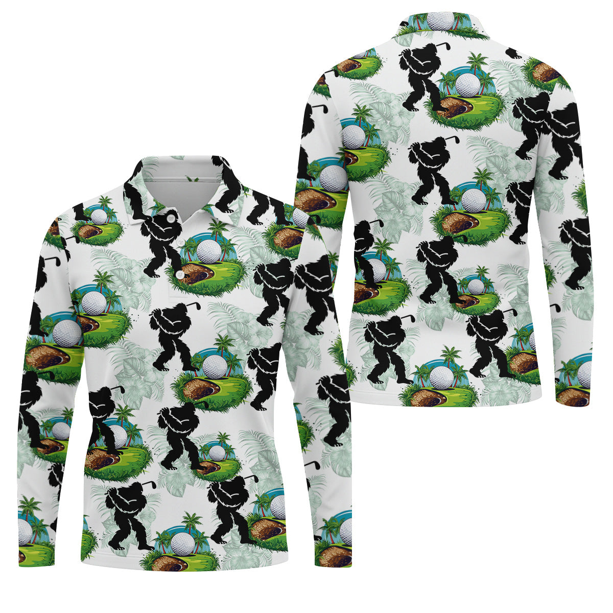 Tropical Golf Cart Bigfoot Golf Shirt, Funny Bigfoot Mens Golf Polo Shirts, Cool Golf Gifts, Golfing Apparel