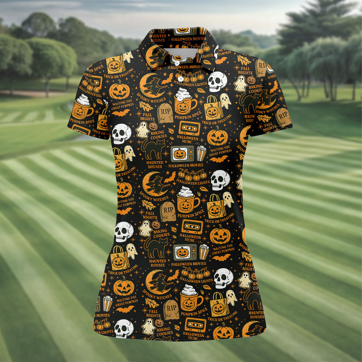 Vintage Halloween Cat Golf Polo Shirts, Halloween Theme Shirts, Ghost Pumpkin Ladies Golf Shirts, Golfing Apparel