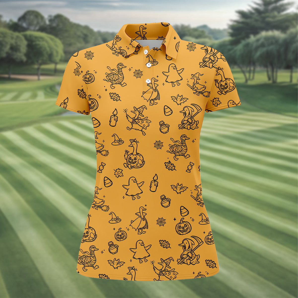 Goose Halloween, Doodle Pattern, Yellow Golf Shirt, Sleeveless Womens Golf Shirts, Women Golf Top, Ladies Golf Shirts