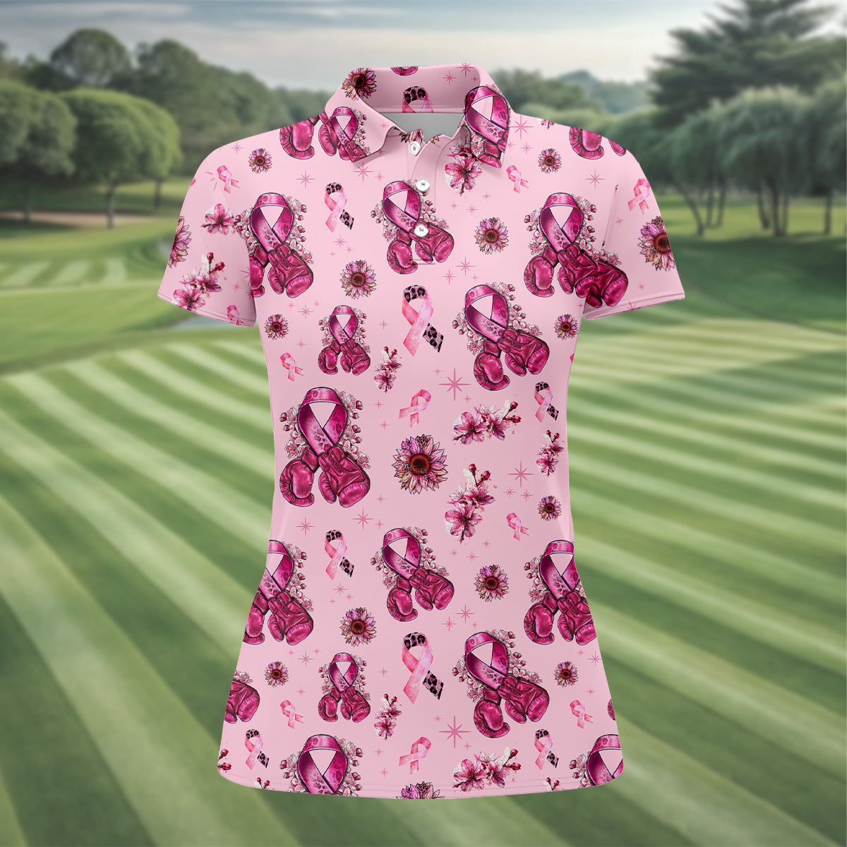 Boxing Gloves Fighter Pink Breast Cancer Golf Shirt, Breast Cancer Support Shirts, Womens Golf Polo