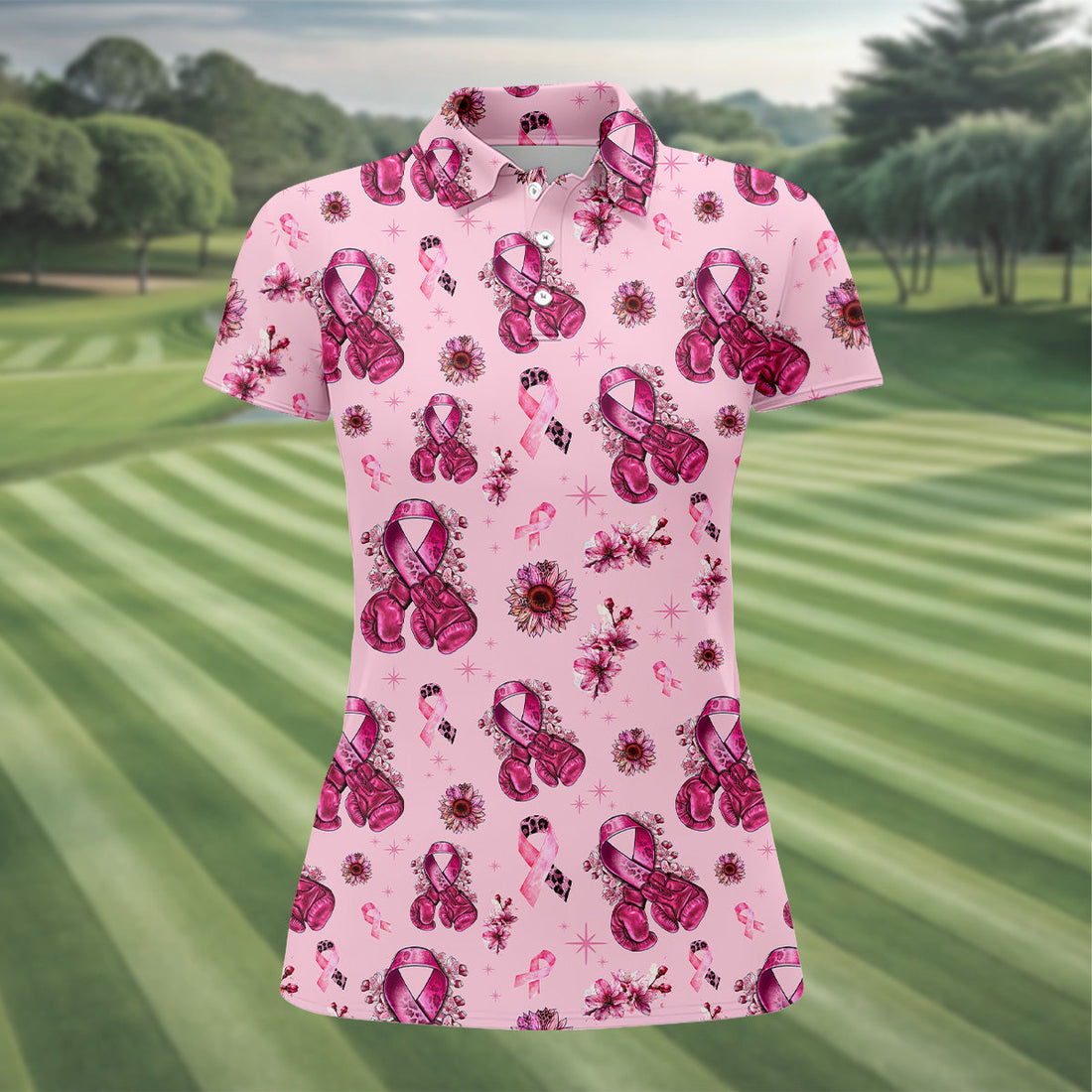 Boxing Gloves Fighter Pink Breast Cancer Golf Shirt, Breast Cancer Support Shirts, Womens Golf Polo