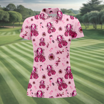 Boxing Gloves Fighter Pink Breast Cancer Golf Shirt, Breast Cancer Support Shirts, Womens Golf Polo