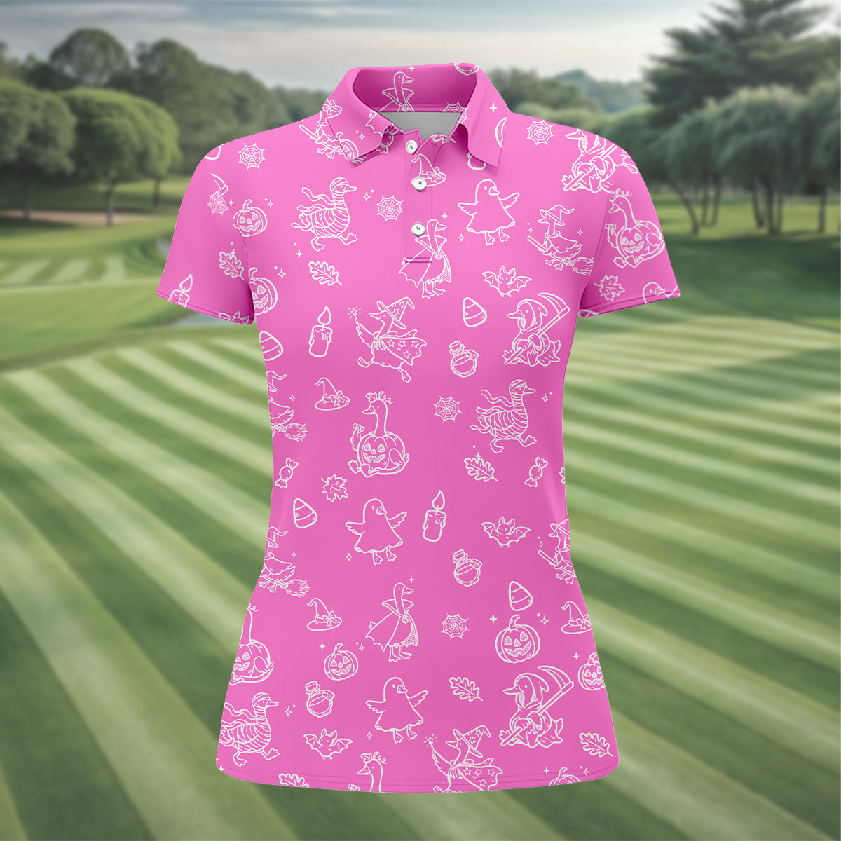 Goose Halloween, Doodle Pattern, Pink Golf Shirt, Sleeveless Womens Golf Shirts, Women Golf Top, Ladies Golf Shirts