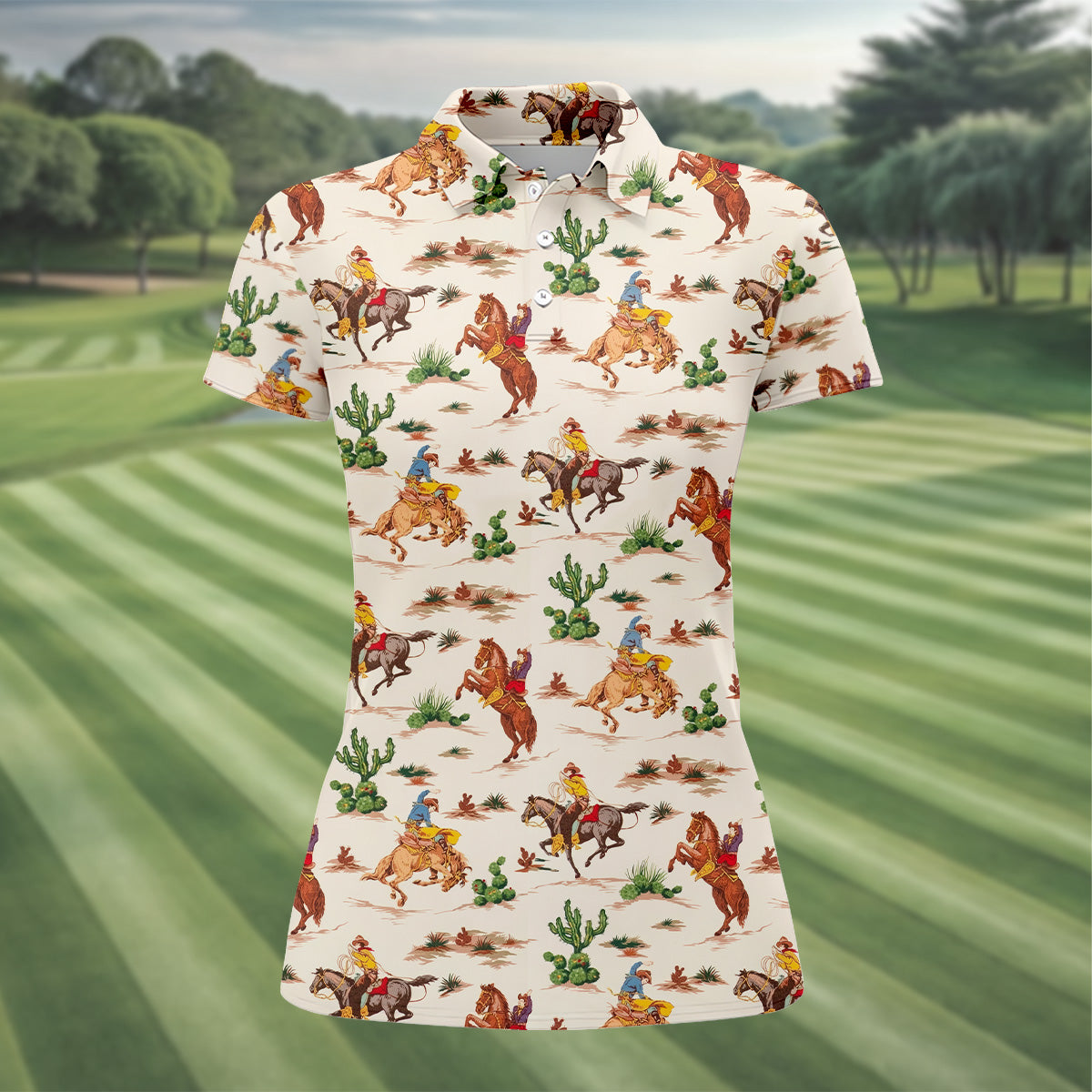 Cowboy Western Beige Polo Shirt, Women's Long Sleeve Golf Shirts, Ladies Golf Polos