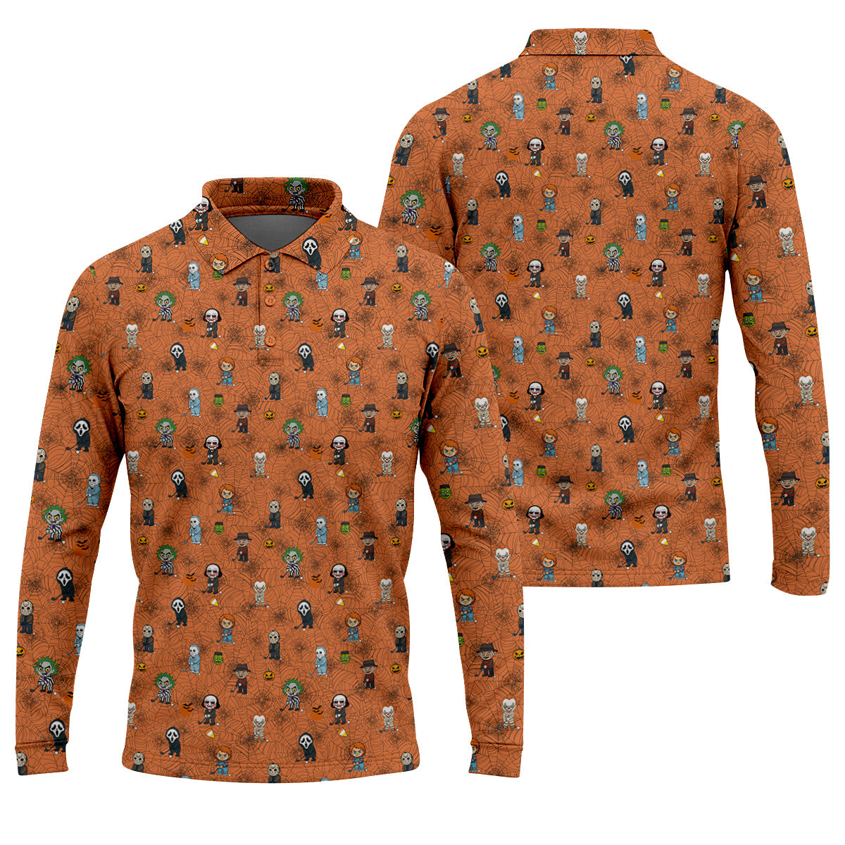 Funny Horror Character Orange Golf Polo Shirt, Horror Movie Shirt, Halloween Golf Shirt, Fun Golf Polos For Men