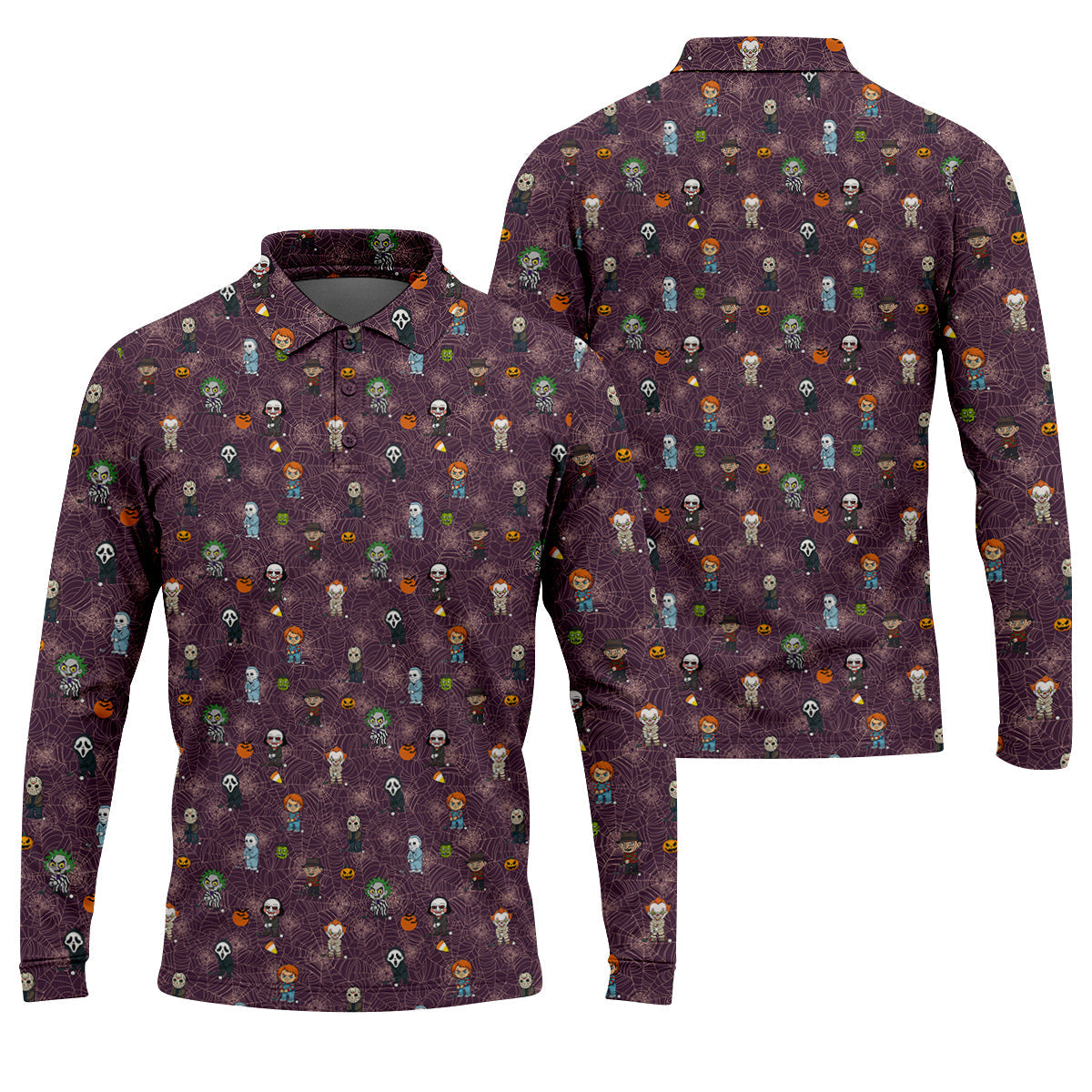 Funny Horror Character Purple Golf Polo Shirt, Horror Movie Shirt, Halloween Golf Shirt, Fun Golf Polos For Men