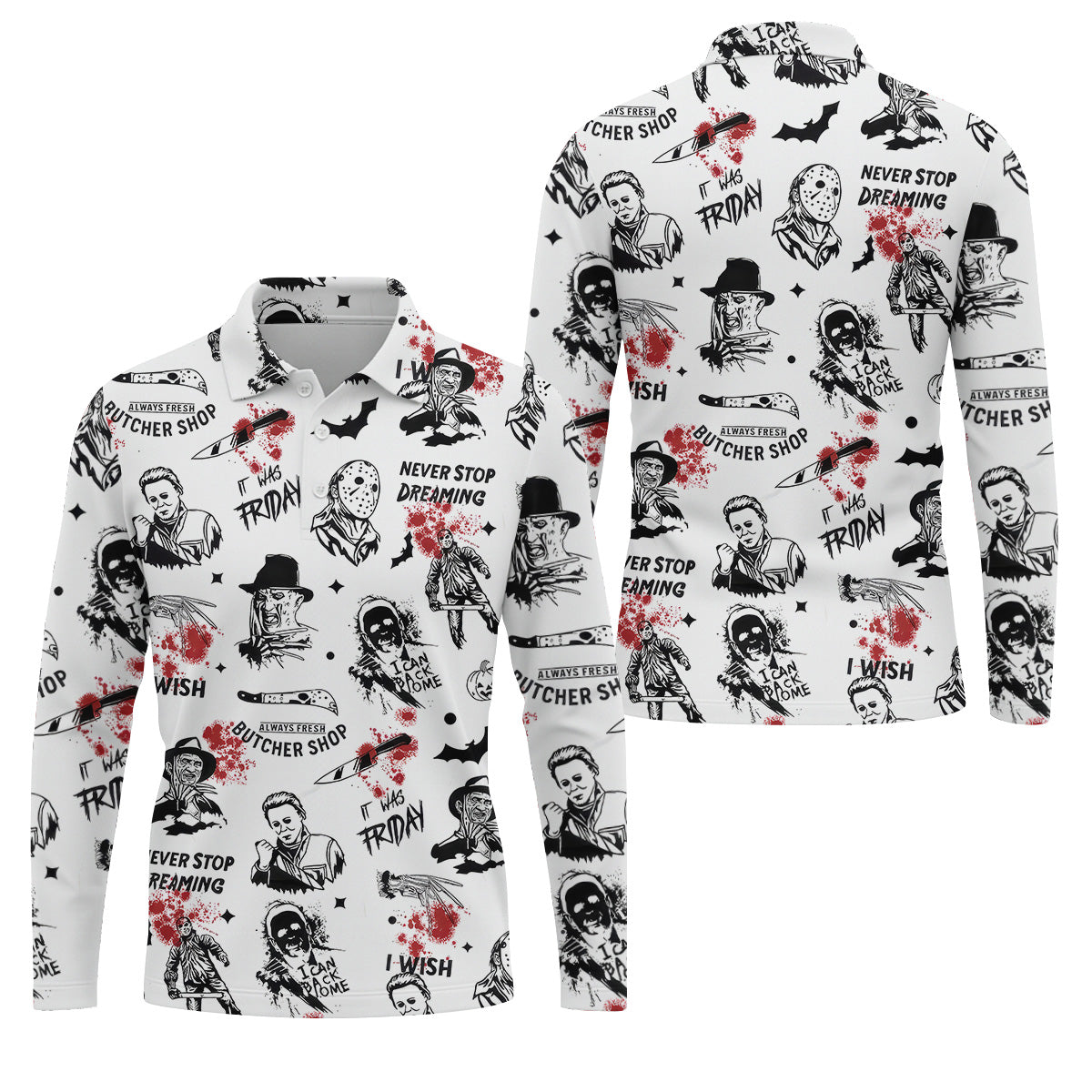 Horror Halloween Character White Golf Shirt, Fun Golf Shirts For Men, Horror Movie Shirt