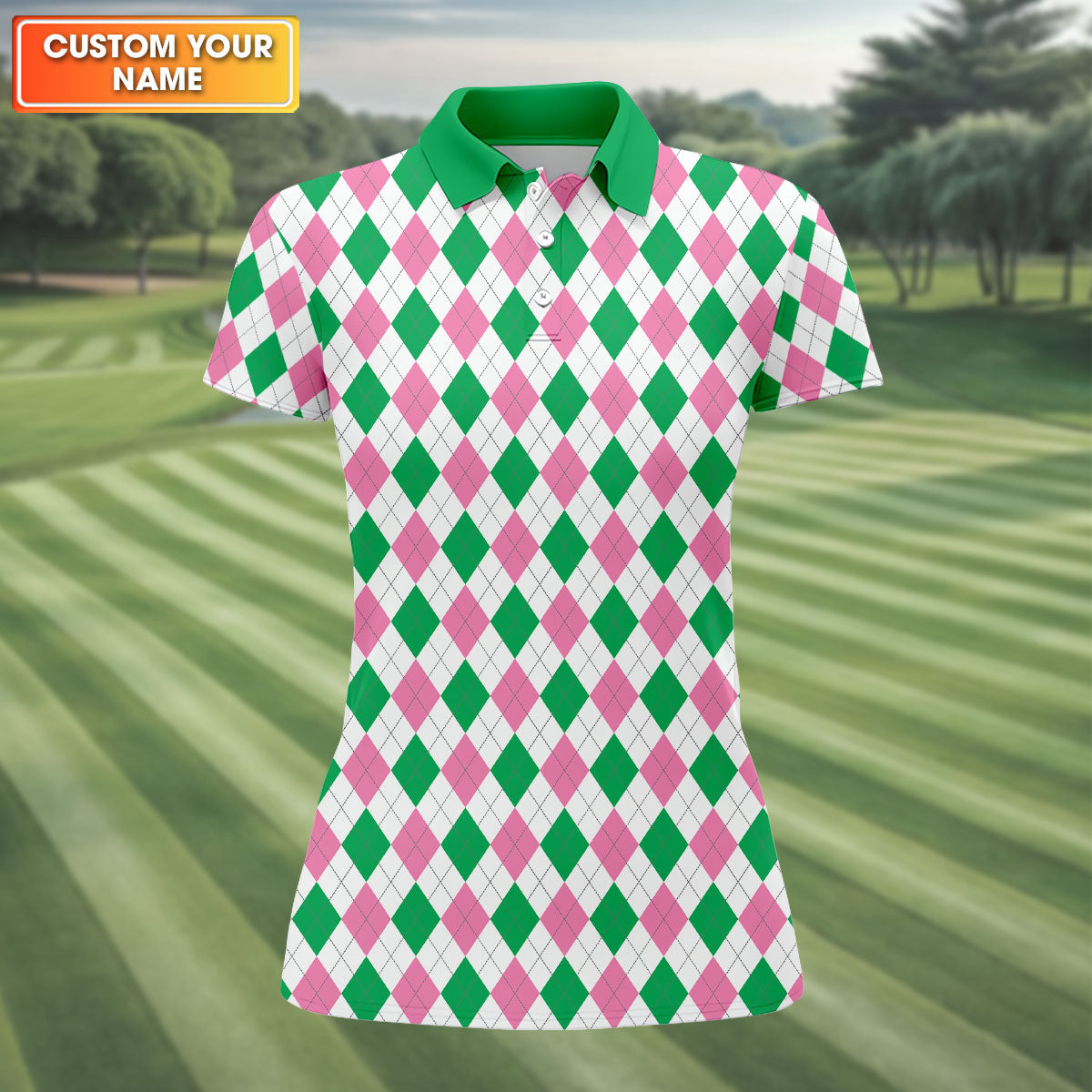 Green Pink Argyle Sleeveless Womens Golf Shirts, Ladies Pink Golf Shirt, Womens Golf Polo Shirts, Womens Golf Tops