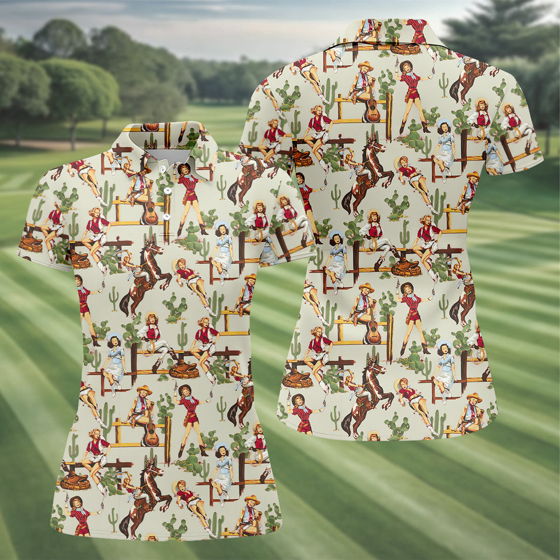 Desert Cowgirl Green Ladies Golf Shirt, Women's Long Sleeve Golf Shirts, Ladies Golf Polos