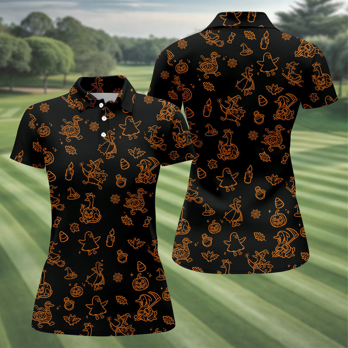 Goose Halloween, Doodle Pattern, Black Orange Golf Polo, Sleeveless Womens Golf Shirts, Ladies Golf Shirts