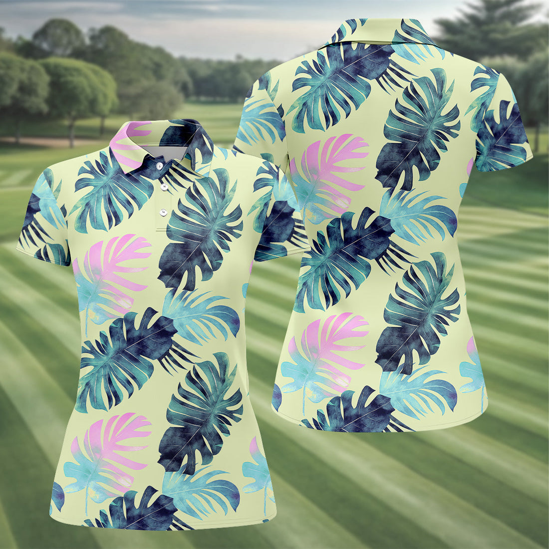 Tropical Palm Leaves Sleeveless Womens Golf Shirts, Ladies Sleeveless Polo, Ladies Golf Shirts, Golfing Apparel