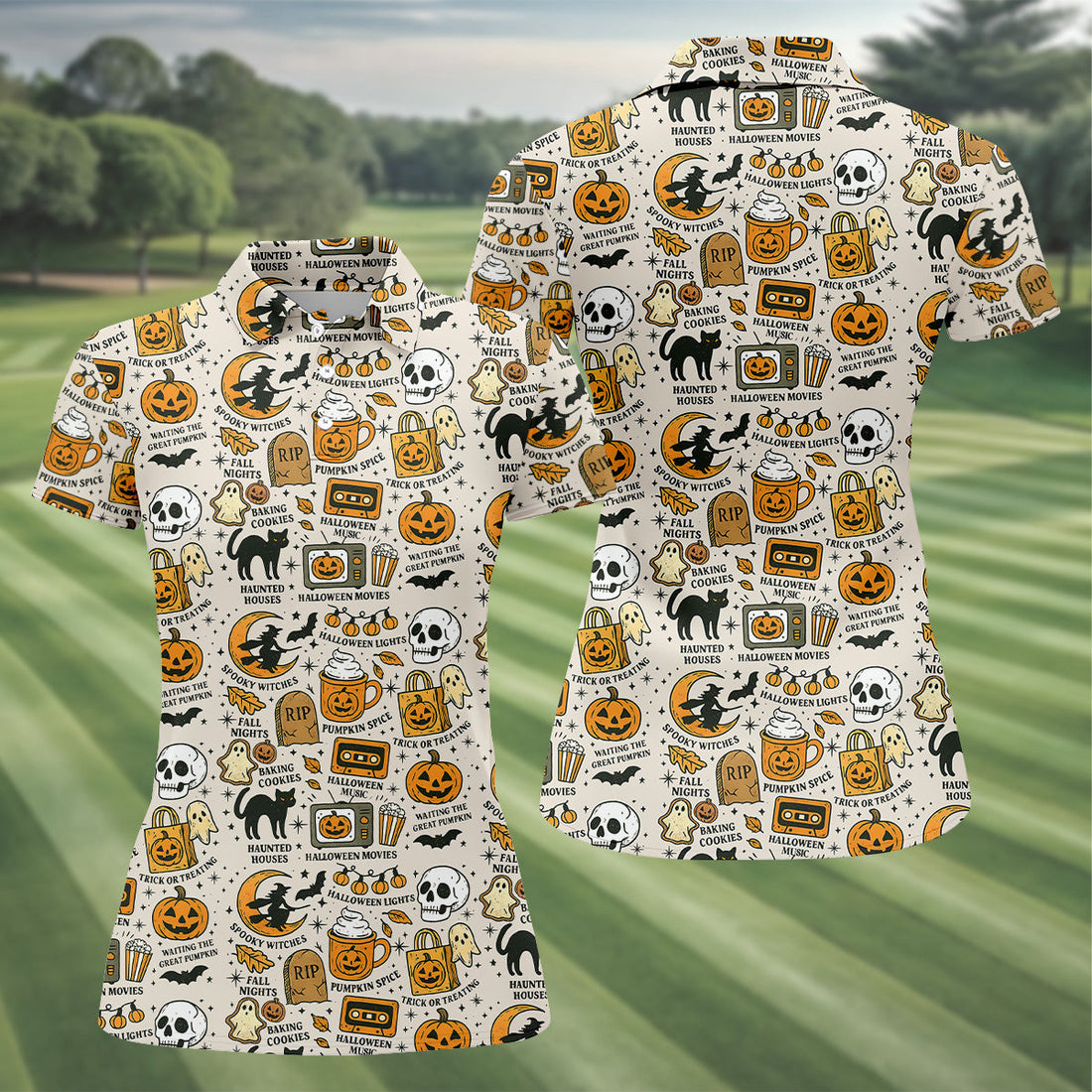 Spooky Witches, Spooky Cat, Cute Halloween T-Shirts, Womens Sleeveless Polo, Ladies Golf Shirts