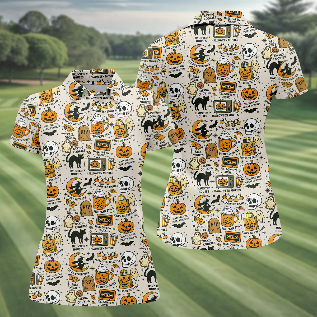 Spooky Witches, Spooky Cat, Cute Halloween T-Shirts, Womens Sleeveless Polo, Ladies Golf Shirts