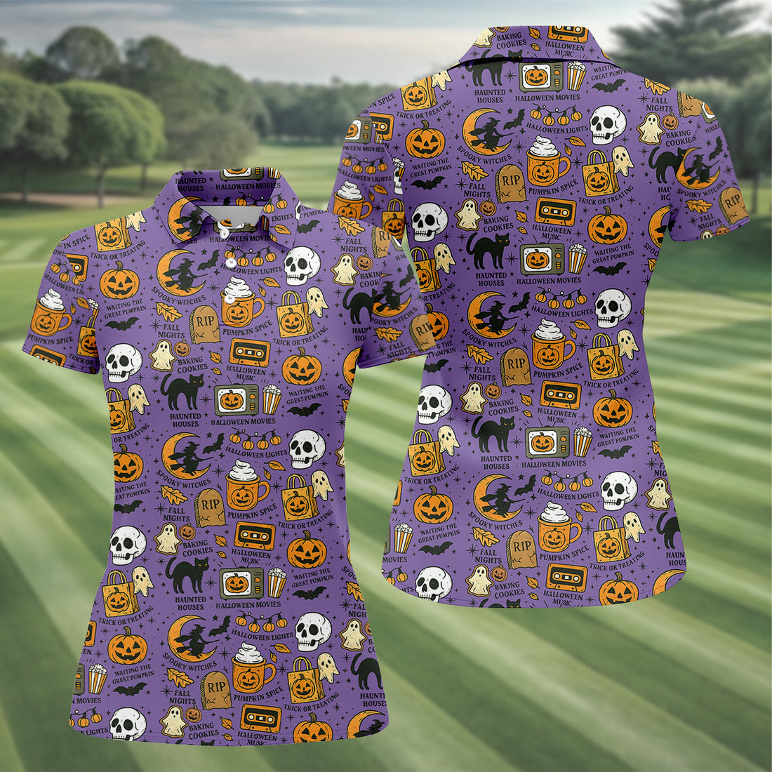 Purple Halloween Skull Golf Shirt, Spooky Cat, Halloween Theme Shirts, Ladies Golf Shirts, Golfing Apparel