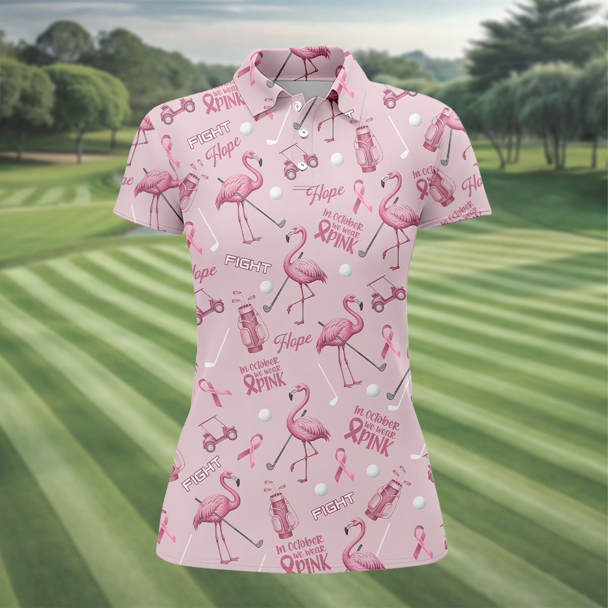 Funny Flamingo Pink Ribbon Golf Shirt, Breast Cancer Awareness Shirt, Ladies Golf Shirt, Golf Gift For Women