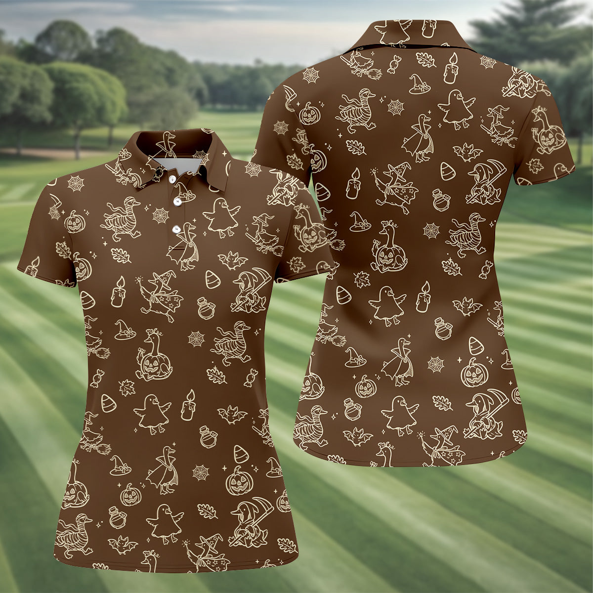 Goose Halloween Golf Shirt, Pumpkin Pattern Golf Shirt, Brown Golf Polo, Women Golf Top, Ladies Golf Shirts