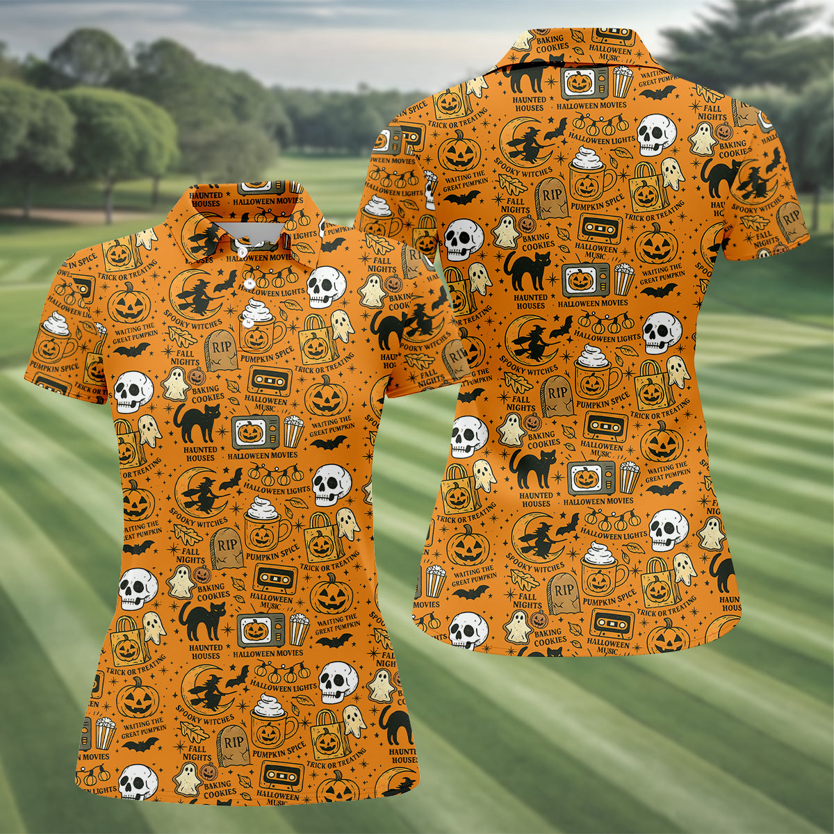 Orange Halloween Cat Golf Polo Shirts, Halloween Theme Shirts, Ladies Golf Shirts, Golfing Apparel