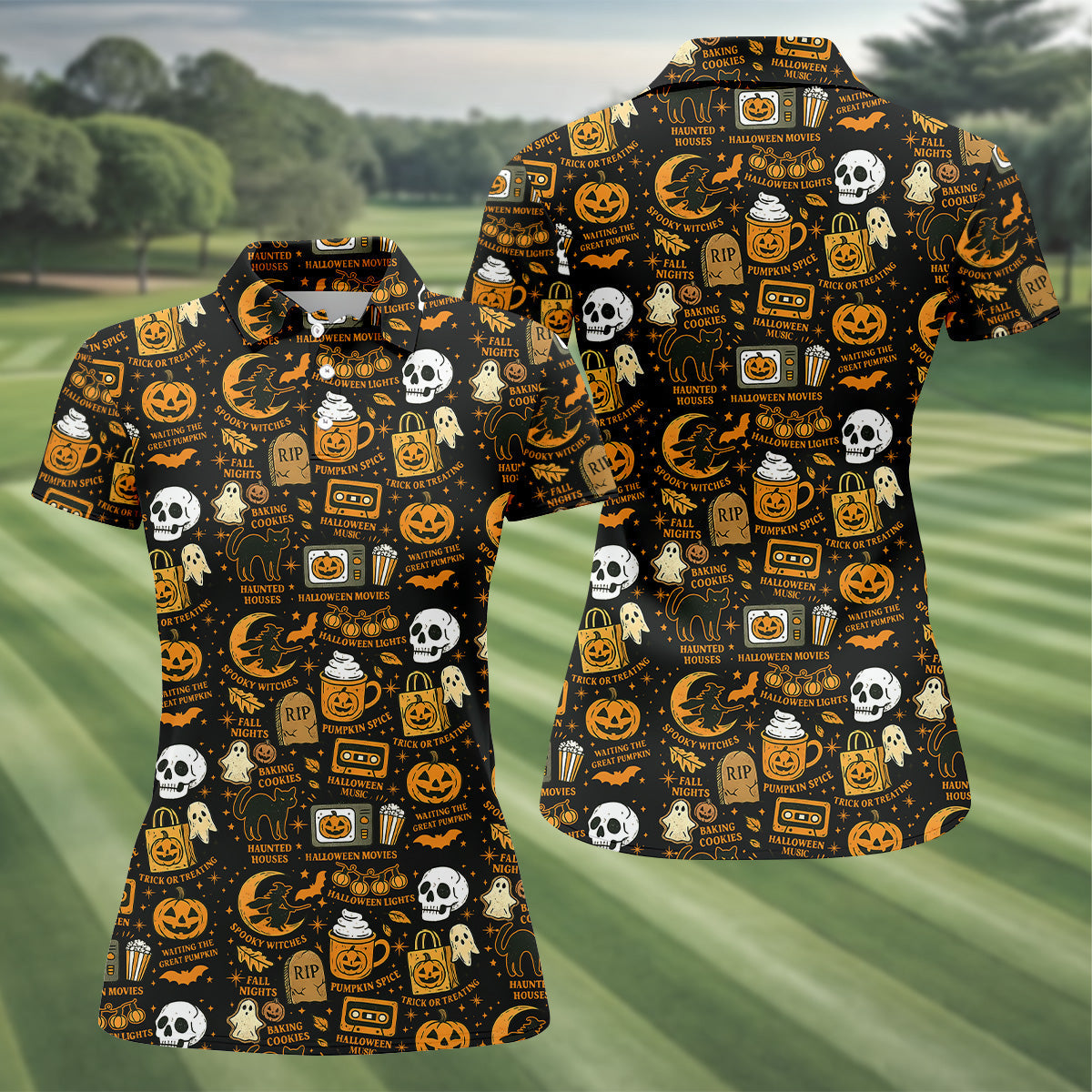 Vintage Halloween Cat Golf Polo Shirts, Halloween Theme Shirts, Ghost Pumpkin Ladies Golf Shirts, Golfing Apparel