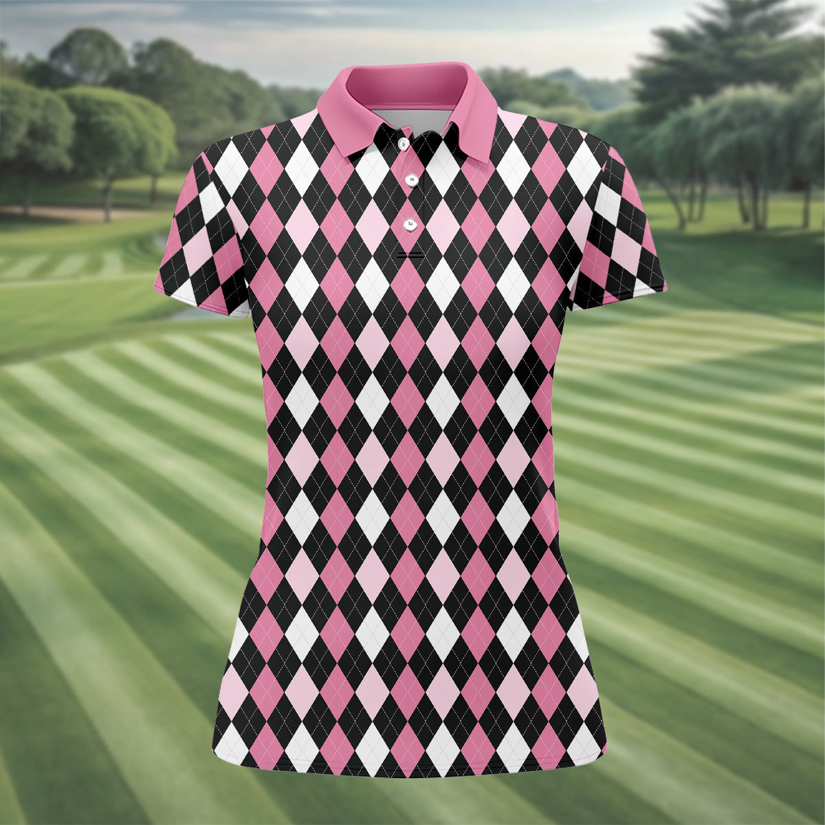 Black Pink Argyle Womens Golf Shirts, Ladies Pink Golf Shirt, Womens Golf Polo Shirts, Golf Gift For Womens