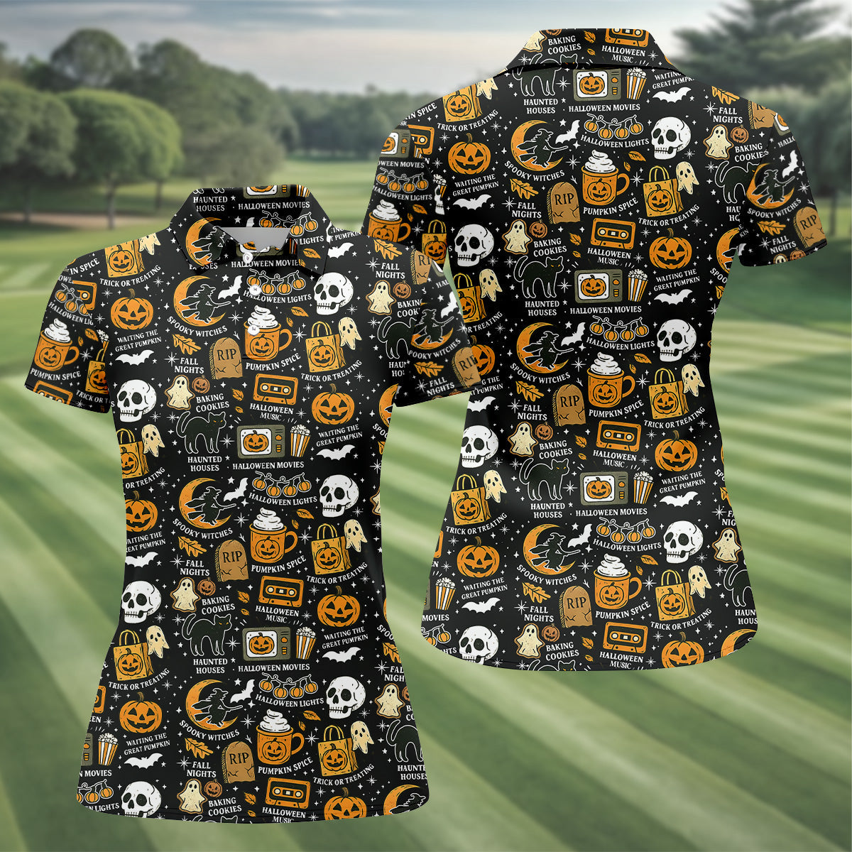 Vintage Halloween Spooky Witches Golf Polo Shirts, Halloween Theme Shirts, Ghost Pumpkin, Ladies Golf Shirts