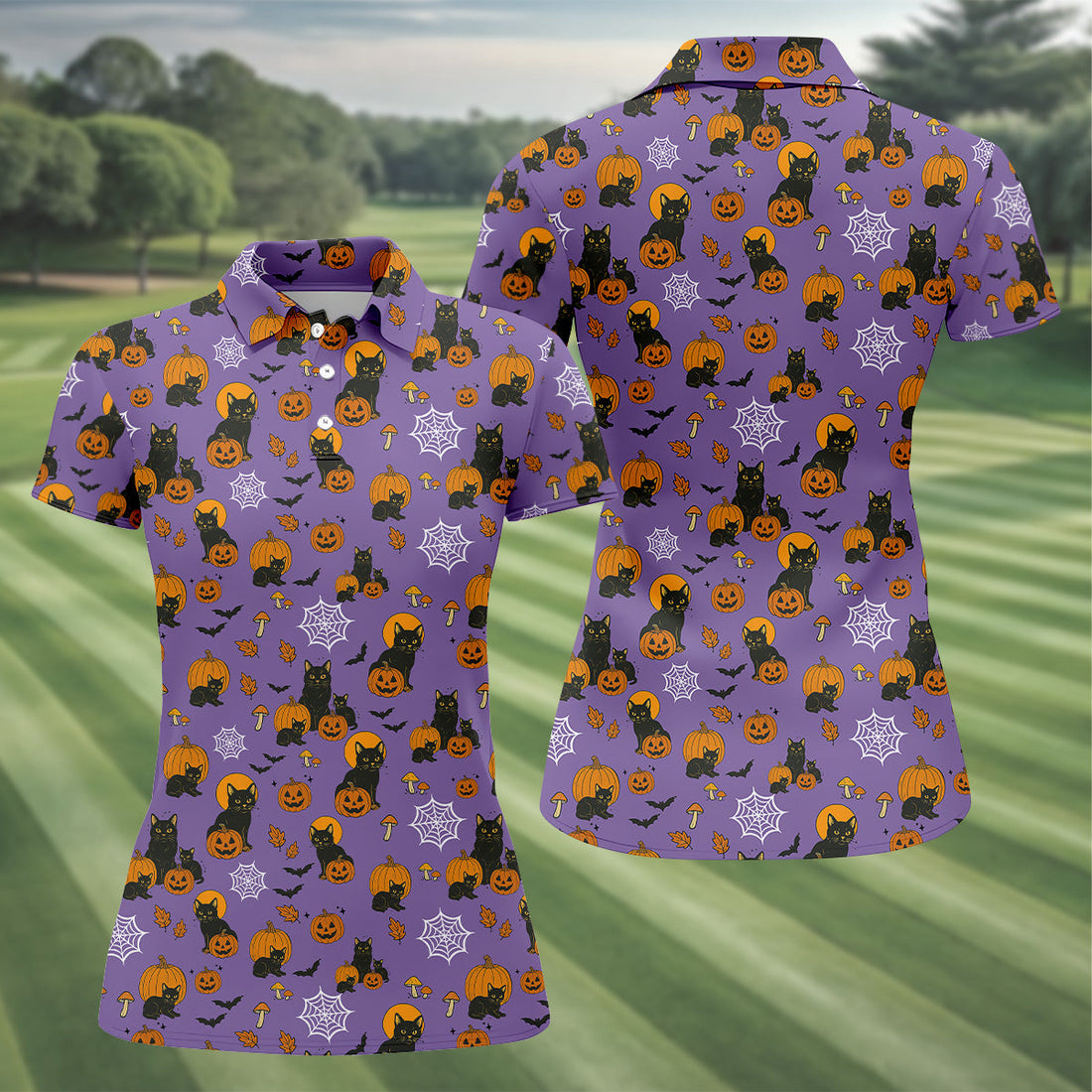 Halloween Cat Pumpkin Purple Golf Shirt, Sleeveless Polo Shirt, Ladies Golf Shirts, Golf Hoodie