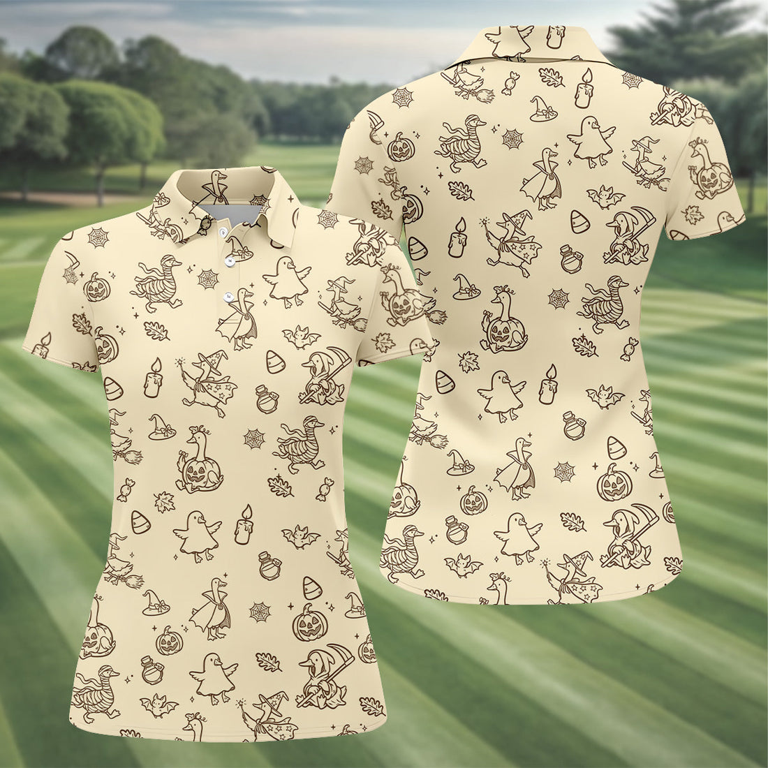 Goose Halloween, Doodle Pattern, Beige Golf Shirt, Sleeveless Womens Golf Shirts, Women Golf Top, Ladies Golf Shirts