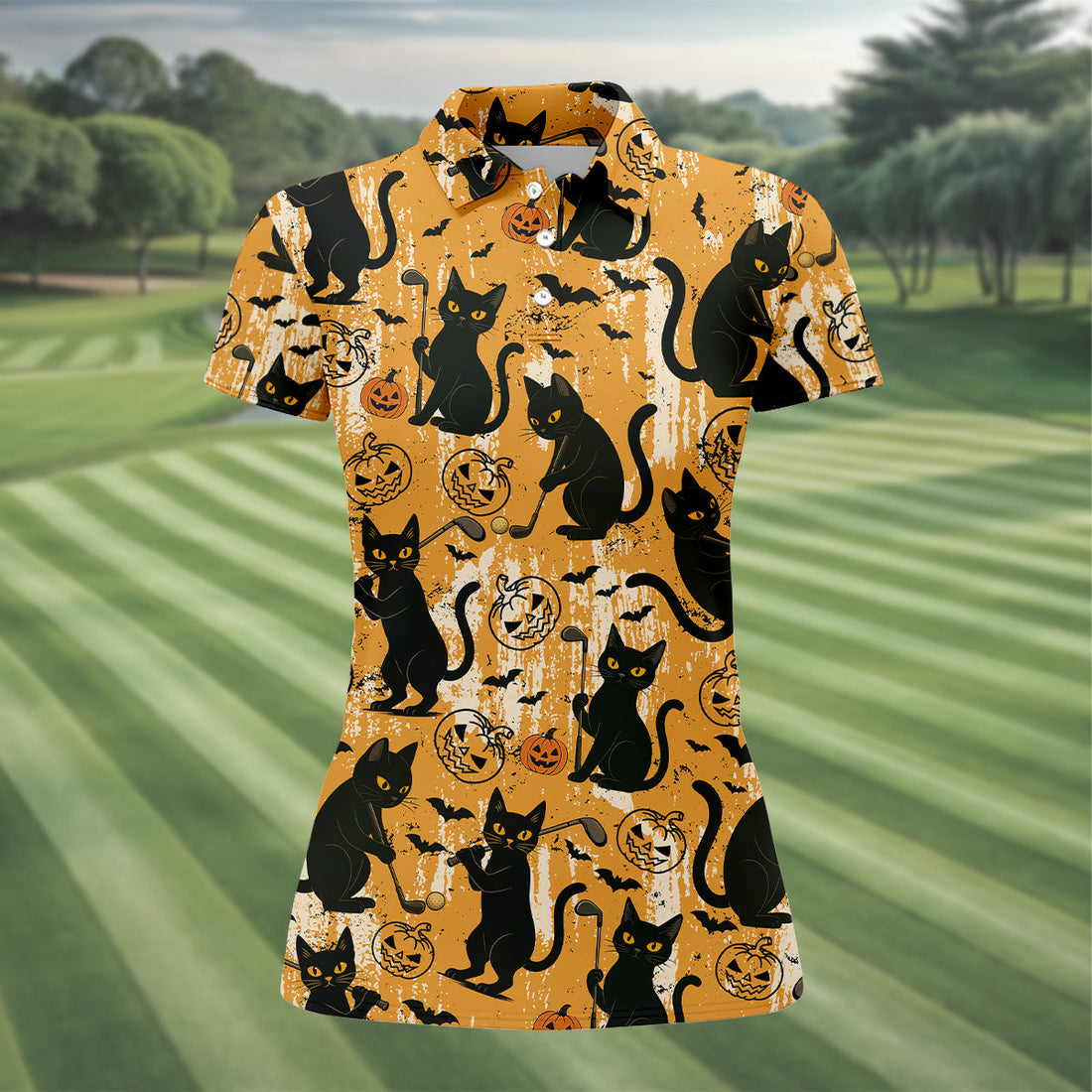 Funny Black Cat Golf Polo Shirt, Halloween Golf Shirt, Womens Golf Polo, Halloween Polo Shirt