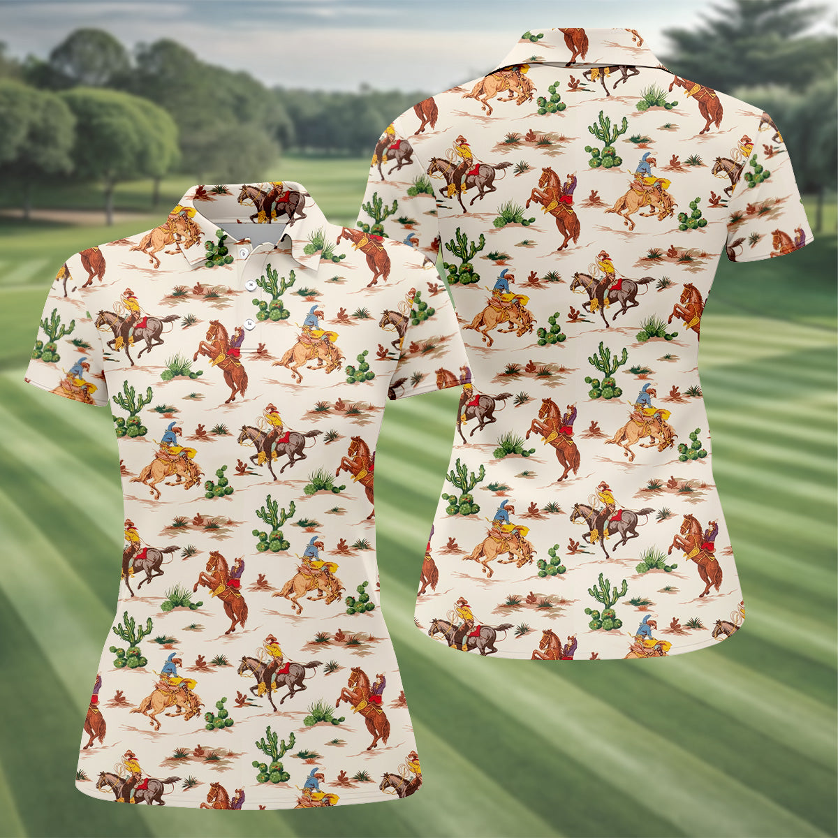 Cowboy Western Beige Polo Shirt, Women's Long Sleeve Golf Shirts, Ladies Golf Polos