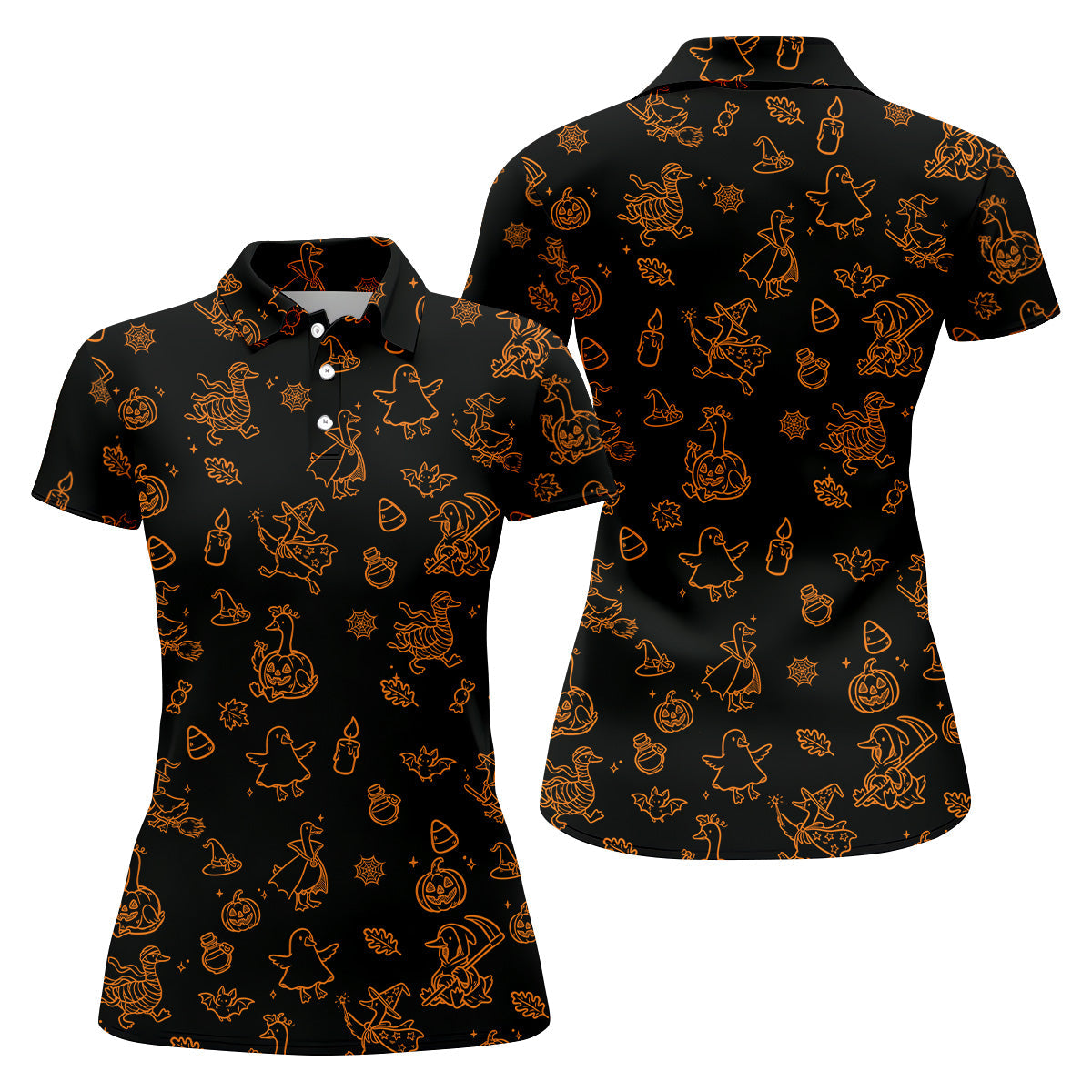Goose Halloween, Doodle Pattern, Black Orange Golf Polo, Sleeveless Womens Golf Shirts, Ladies Golf Shirts