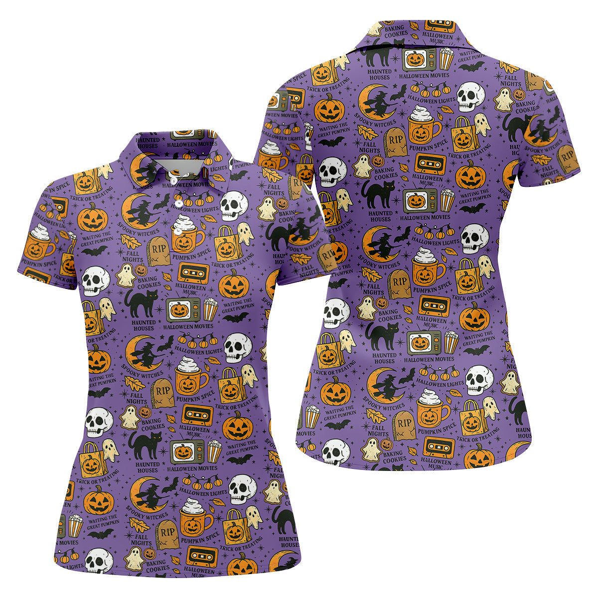 Purple Halloween Skull Golf Shirt, Spooky Cat, Halloween Theme Shirts, Ladies Golf Shirts, Golfing Apparel
