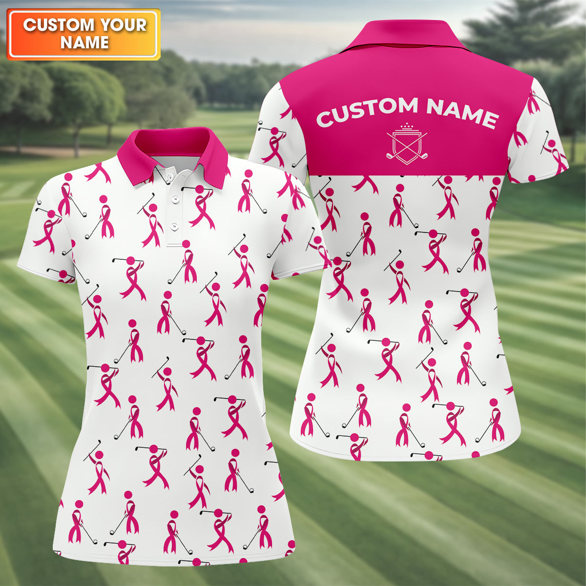 Funny Stick Figure Pink Ribbon Golf Shirt, Fun Womens Golf Shirts, Breast Cancer Support Shirt, Ladies Golf Shirt