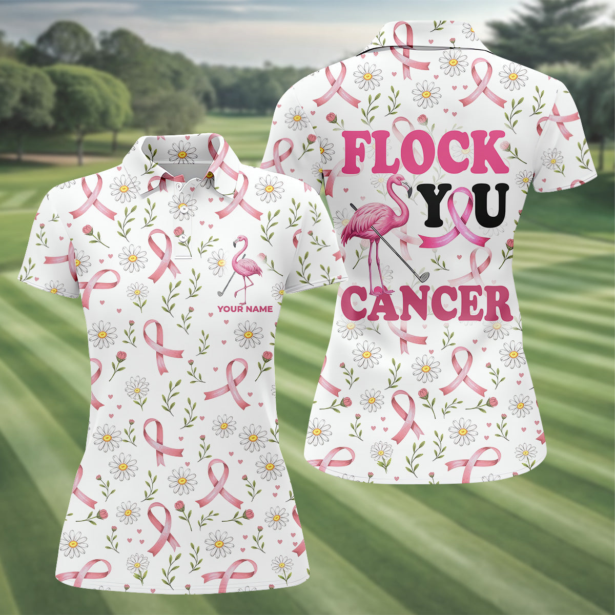 Flock You Cancer Flamingo Womens Golf Shirt, Breast Cancer Awareness Shirt, Ladies Golf Shirt