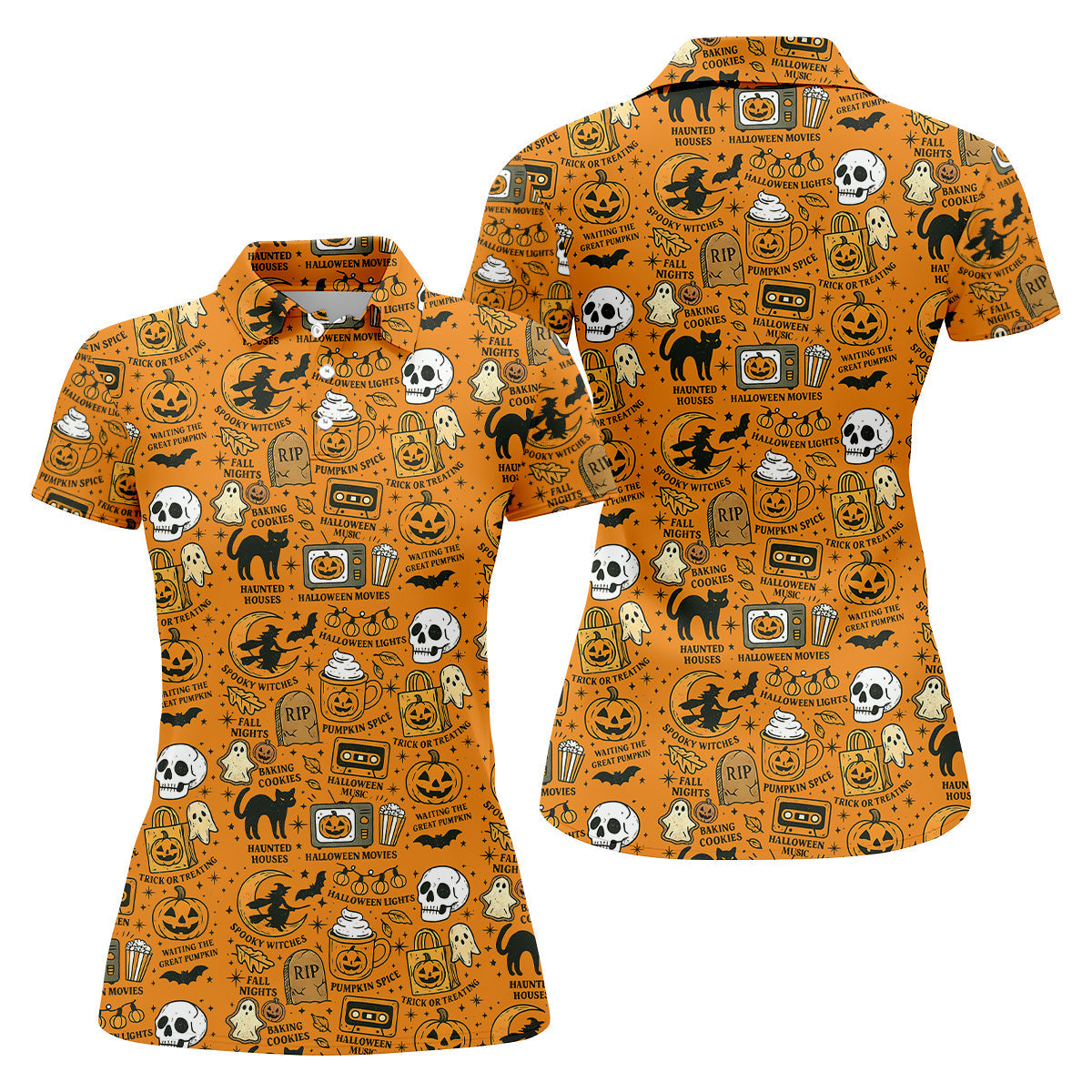 Orange Halloween Cat Golf Polo Shirts, Halloween Theme Shirts, Ladies Golf Shirts, Golfing Apparel