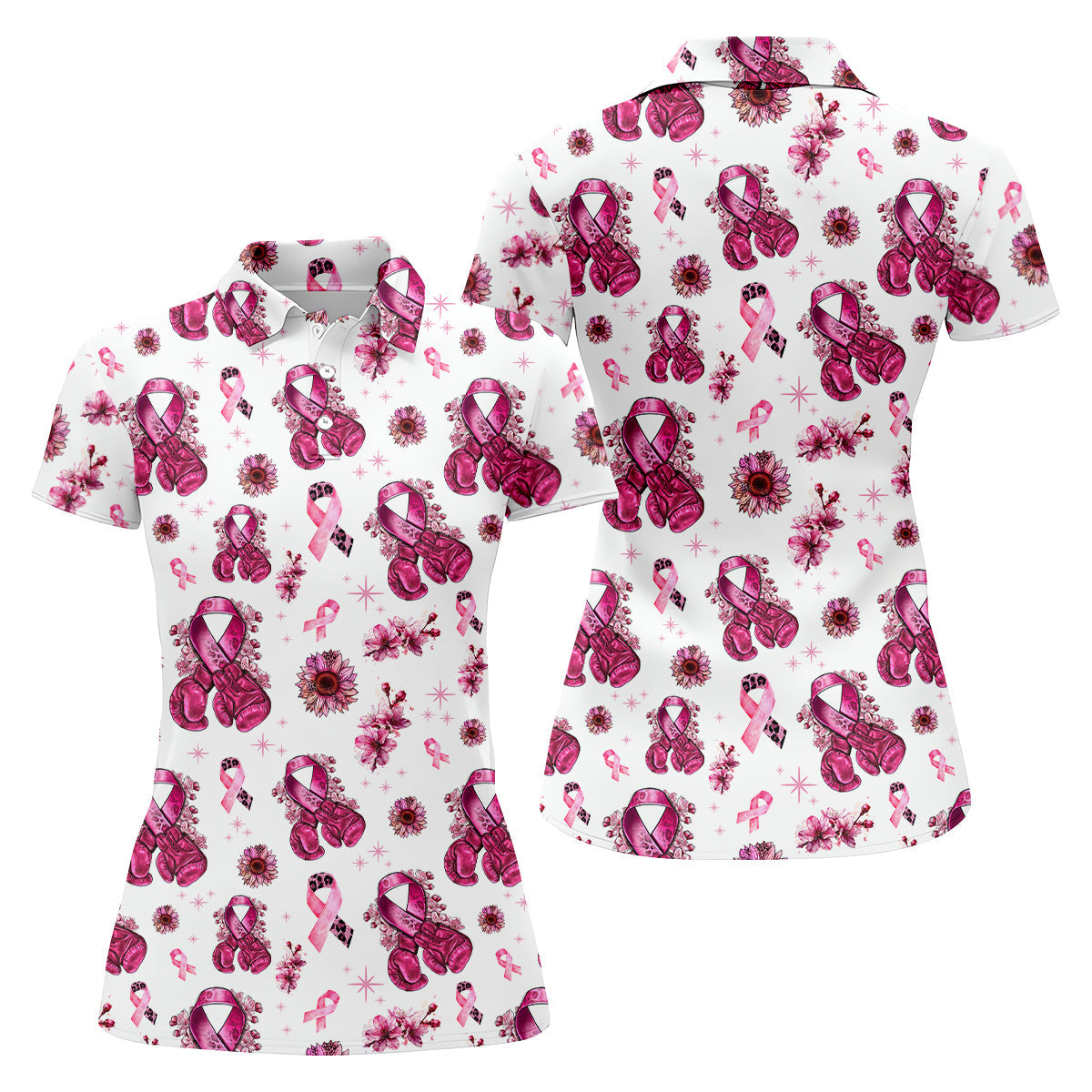 Boxing Gloves Fighter White Breast Cancer Golf Shirt, Breast Cancer Support Shirts, Womens Golf Polo