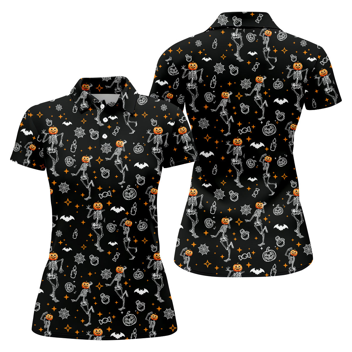 Skeleton Black Golf Shirt, Halloween Golf Shirt, Fun Golf Polos, Sleeveless Womens Golf Shirts, Ladies Golf Shirts