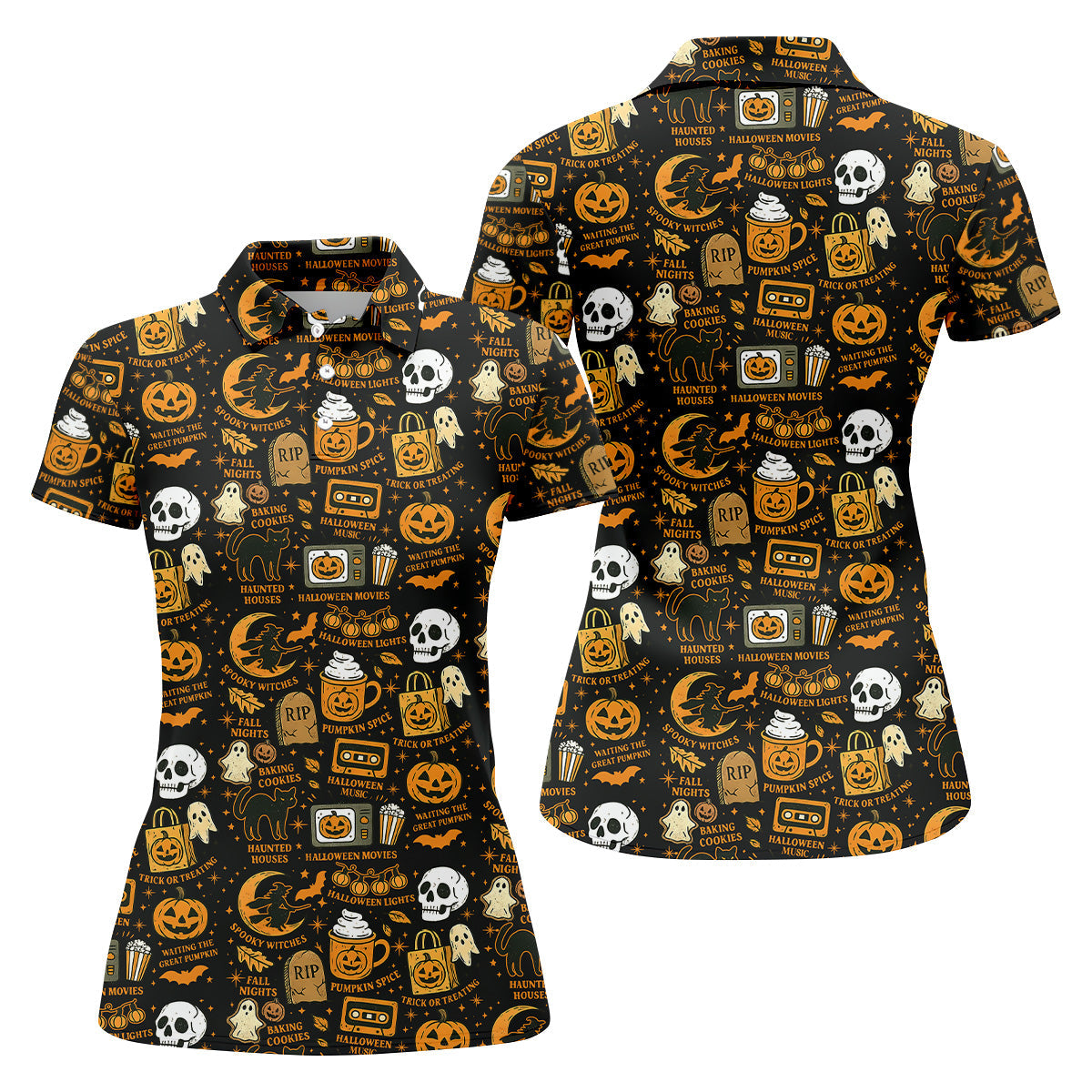 Vintage Halloween Cat Golf Polo Shirts, Halloween Theme Shirts, Ghost Pumpkin Ladies Golf Shirts, Golfing Apparel