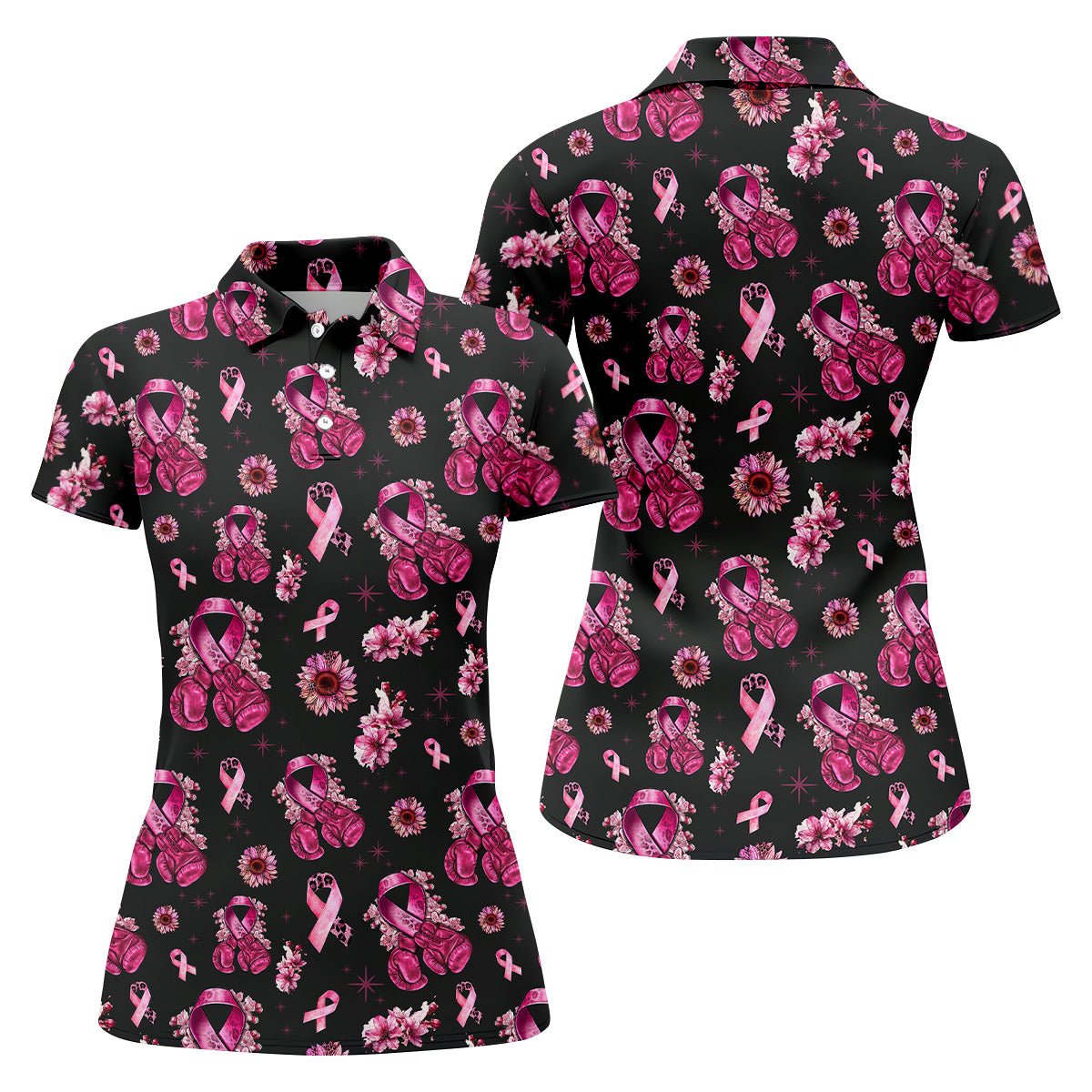 Boxing Gloves Fighter Black Breast Cancer Golf Shirt, Breast Cancer Support Shirts, Womens Golf Polo