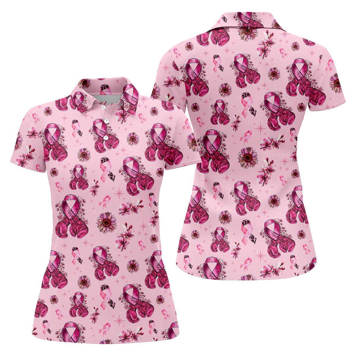 Boxing Gloves Fighter Pink Breast Cancer Golf Shirt, Breast Cancer Support Shirts, Womens Golf Polo
