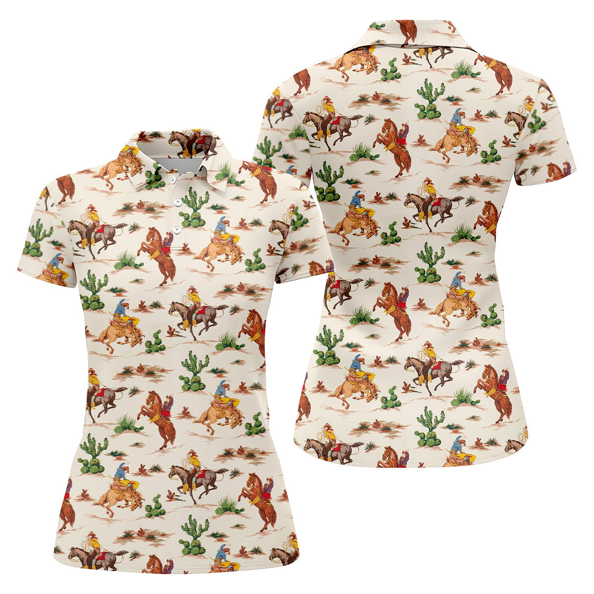 Cowboy Western Beige Polo Shirt, Women's Long Sleeve Golf Shirts, Ladies Golf Polos