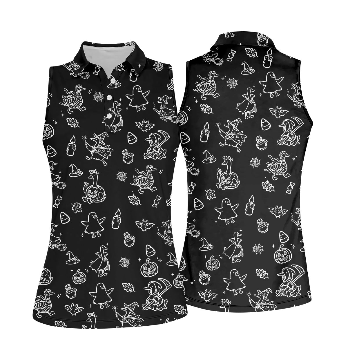 Goose Halloween, Doodle Pattern, Black Golf Polo, Sleeveless Womens Golf Shirts, Ladies Golf Shirts