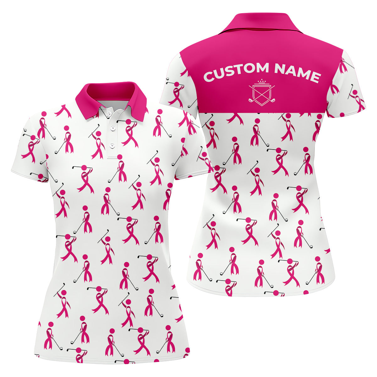 Funny Stick Figure Pink Ribbon Golf Shirt, Fun Womens Golf Shirts, Breast Cancer Support Shirt, Ladies Golf Shirt