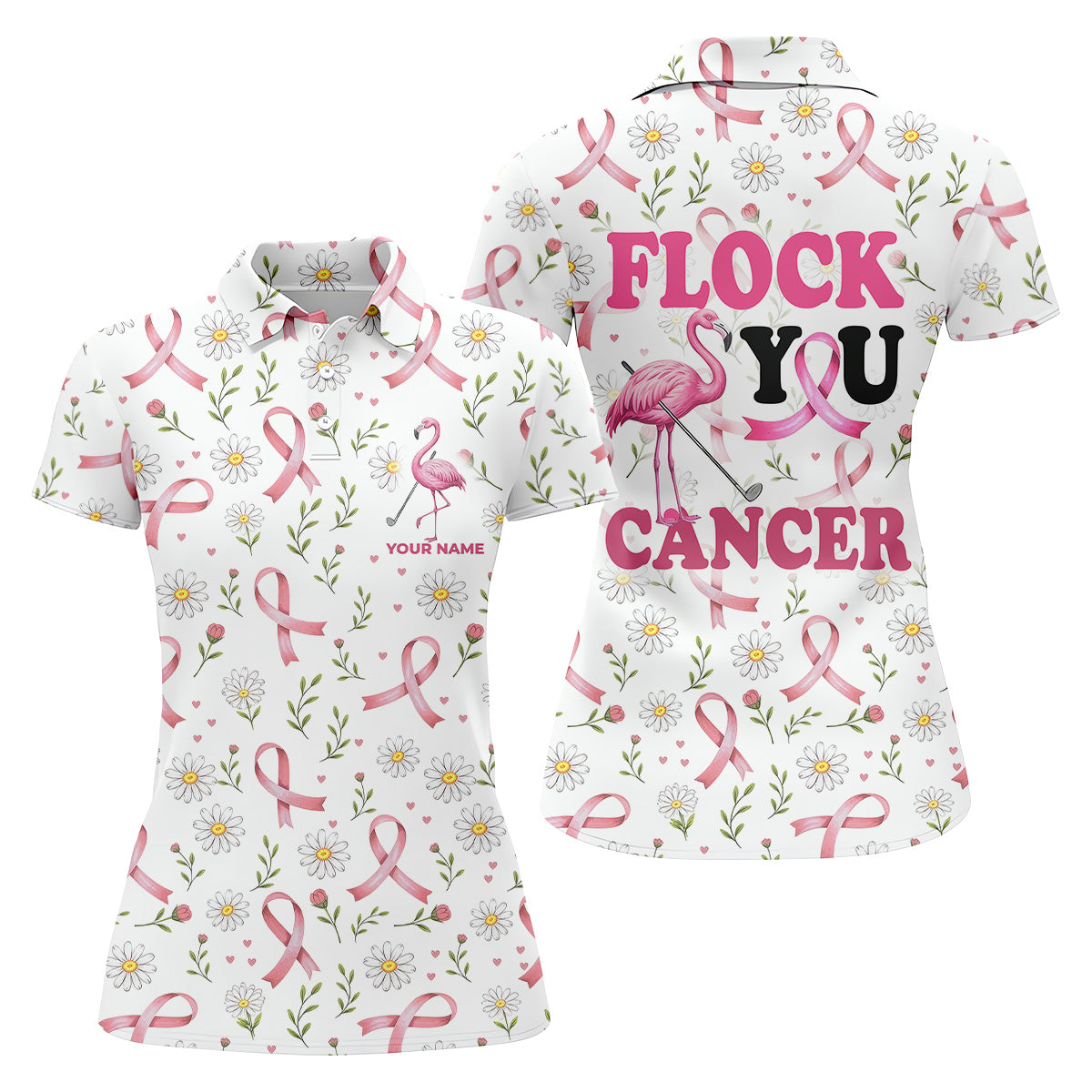 Flock You Cancer Flamingo Womens Golf Shirt, Breast Cancer Awareness Shirt, Ladies Golf Shirt