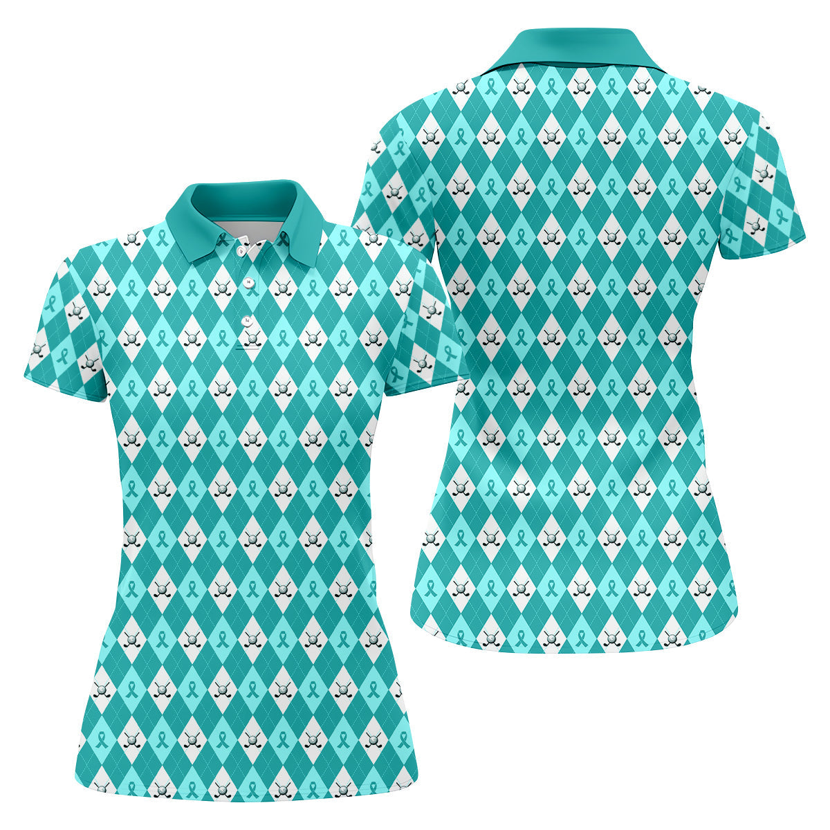 Ovarian Cancer Teal Argyle Womens Golf Shirts, Ovarian Cancer Awareness Shirt, Golf Gift For Womens